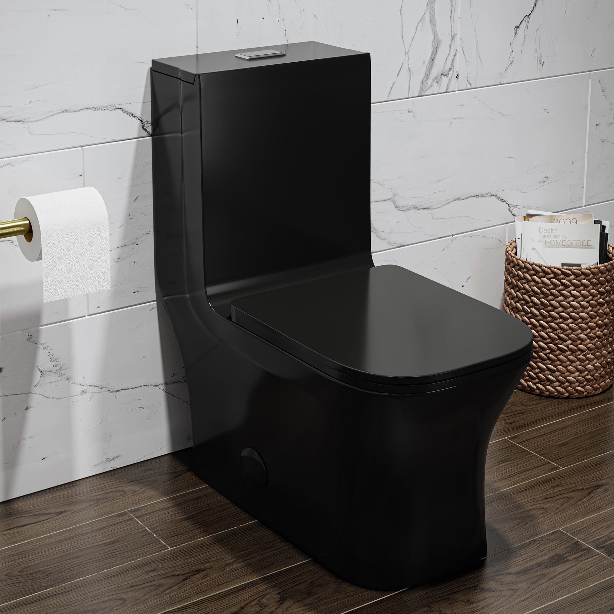 Concorde One Piece Square Toilet with Dual Flush 1.1/1.6 GPF - Glossy Black Modern Water-Saving Bathroom Fixture for Home & Commercial Use