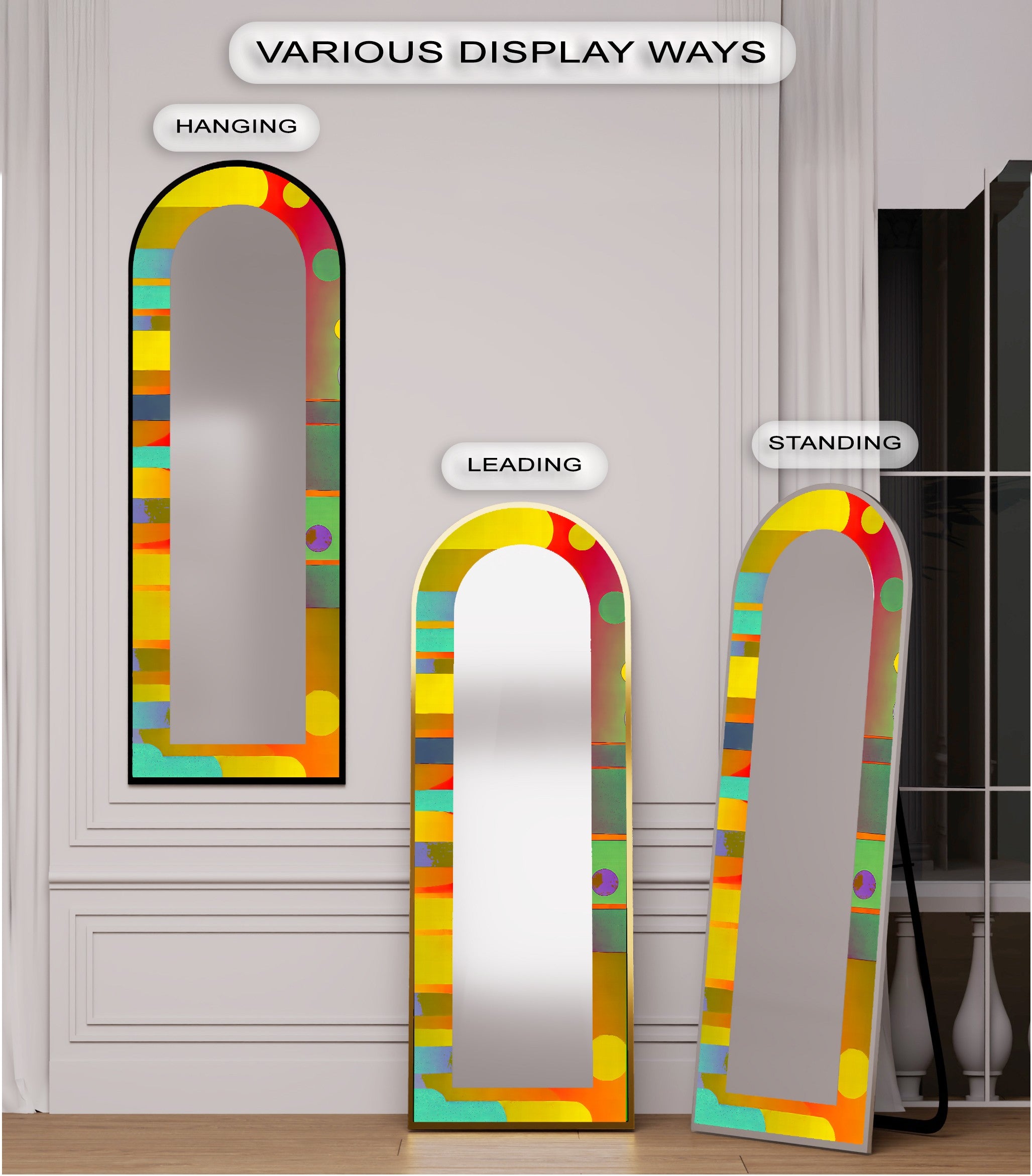 Abstract Circle and Stripe Full Length Floor Mirror - Modern Decorative Wall Mirror for Bedroom, Living Room & Entryway