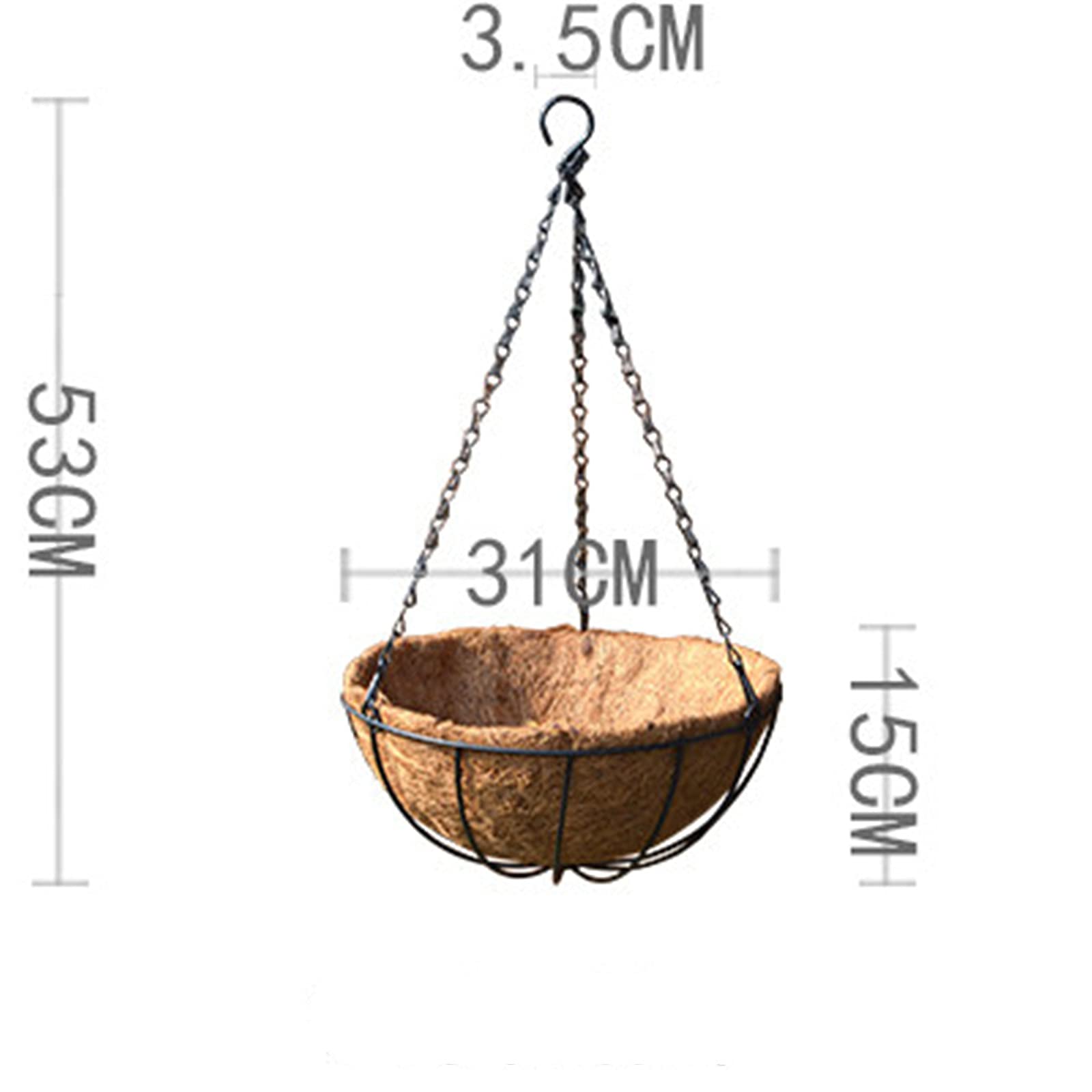 20/26/31CM Hanging Coconut Fiber Basket Liners - Flower Pot Planters with Iron Chain Hook - Rustic Garden Decor for Indoor/Outdoor Plants (31cm) - Perfect for Balconies, Patios, and Vertical Gardens