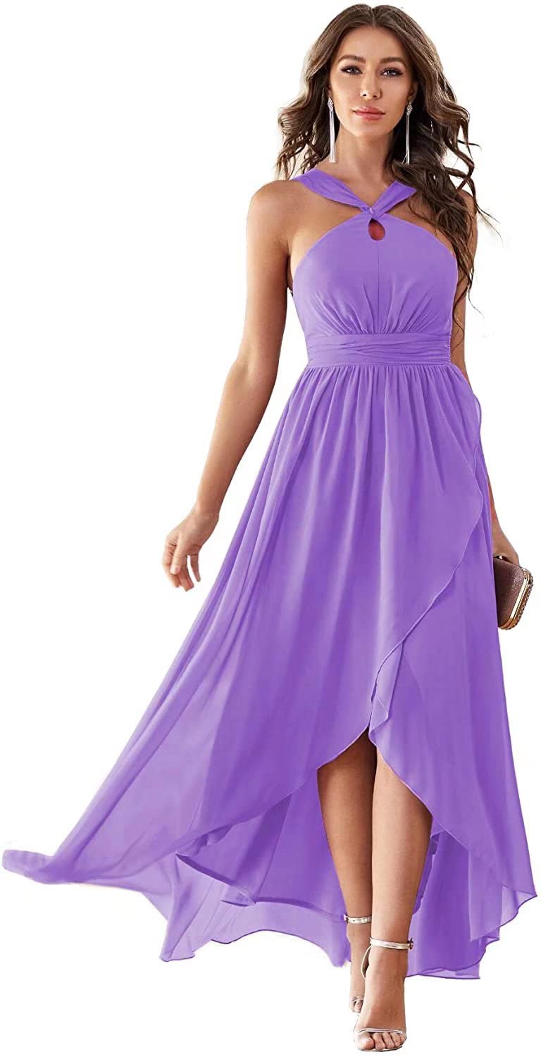 Elegant Women's Halter Bridesmaid Dress with Ruffle Pleats & High-Low Hem - Summer Beach Party Evening Gown with Pockets | Perfect for Weddings, Cocktail Parties & Vacation Getaways