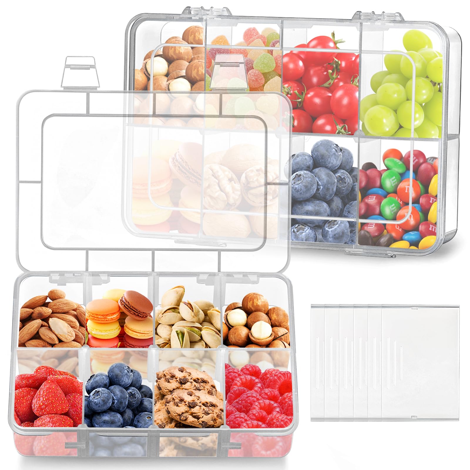 HAWEEK 2-Pack Divided Snack Container with Adjustable 8 Compartments - Reusable Food Storage Box for School Lunch, Office Snacks, Travel, Picnics & Bento Accessories | Leakproof Portable Meal Prep Containers for Adults & Kids
