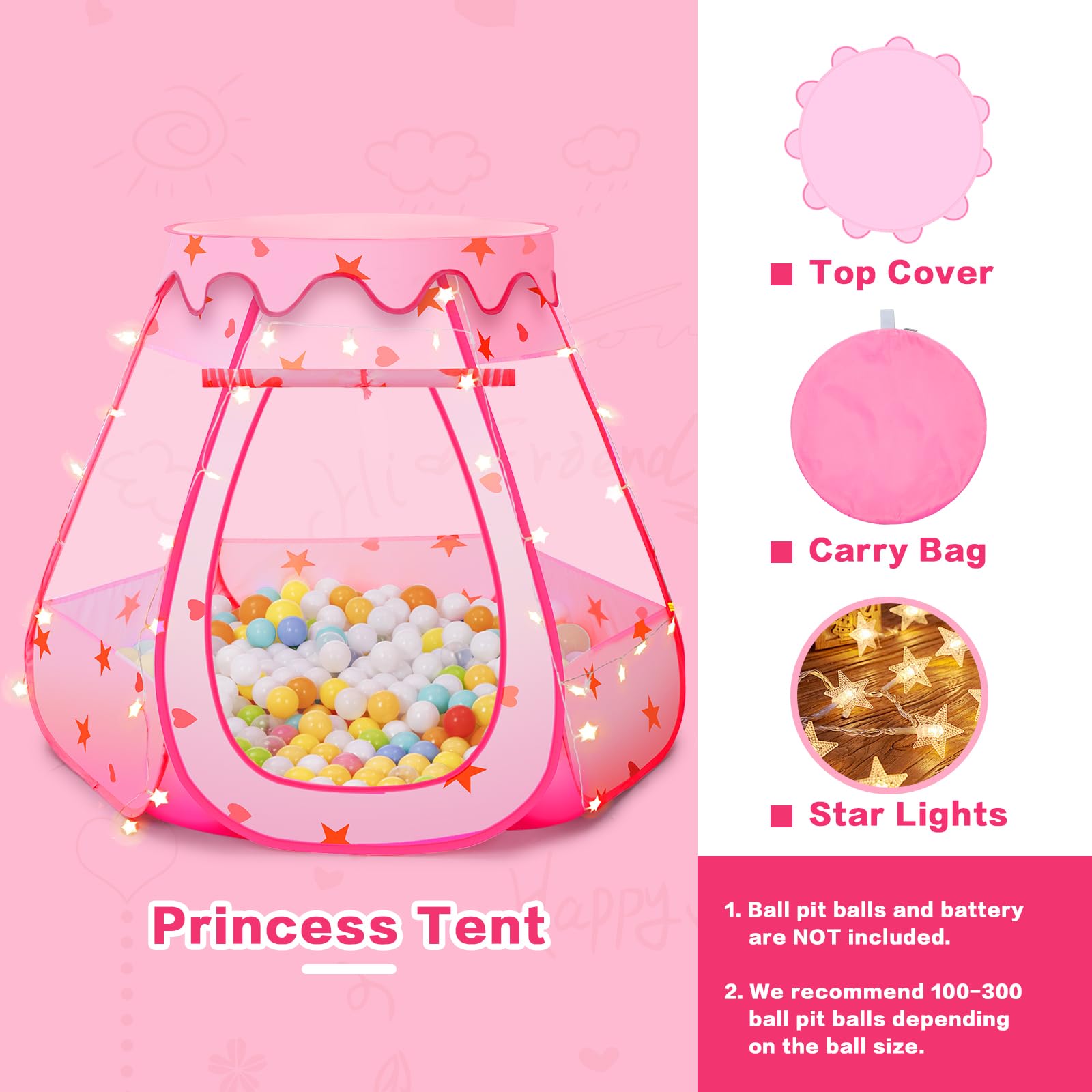 **Baby Ball Pit Play Tent with LED Star Lights - Pop Up Princess Castle for Toddlers & Kids - Indoor Outdoor Playhouse Toy for Girls - Perfect Birthday Gift (Pink) - Fun for Playrooms, Parties & Backyard Adventures**