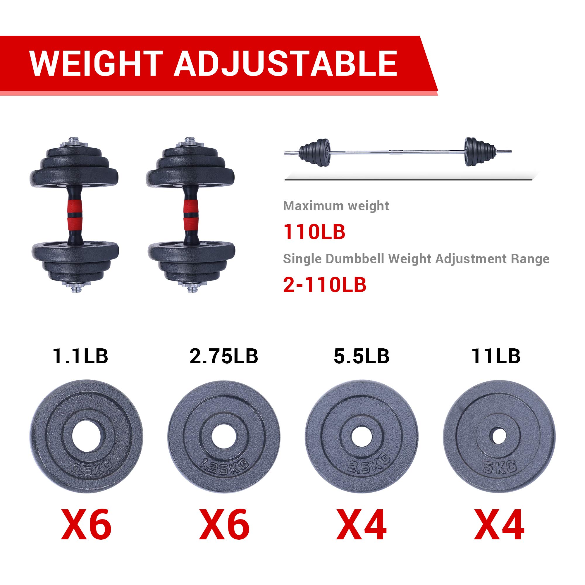 Adjustable Dumbbell and Barbell Set (22/33/44/66/105 Lbs) - 2-in-1 Home Gym Equipment with Anti-Slip Handle for Strength Training, Office Workouts & All-Purpose Fitness