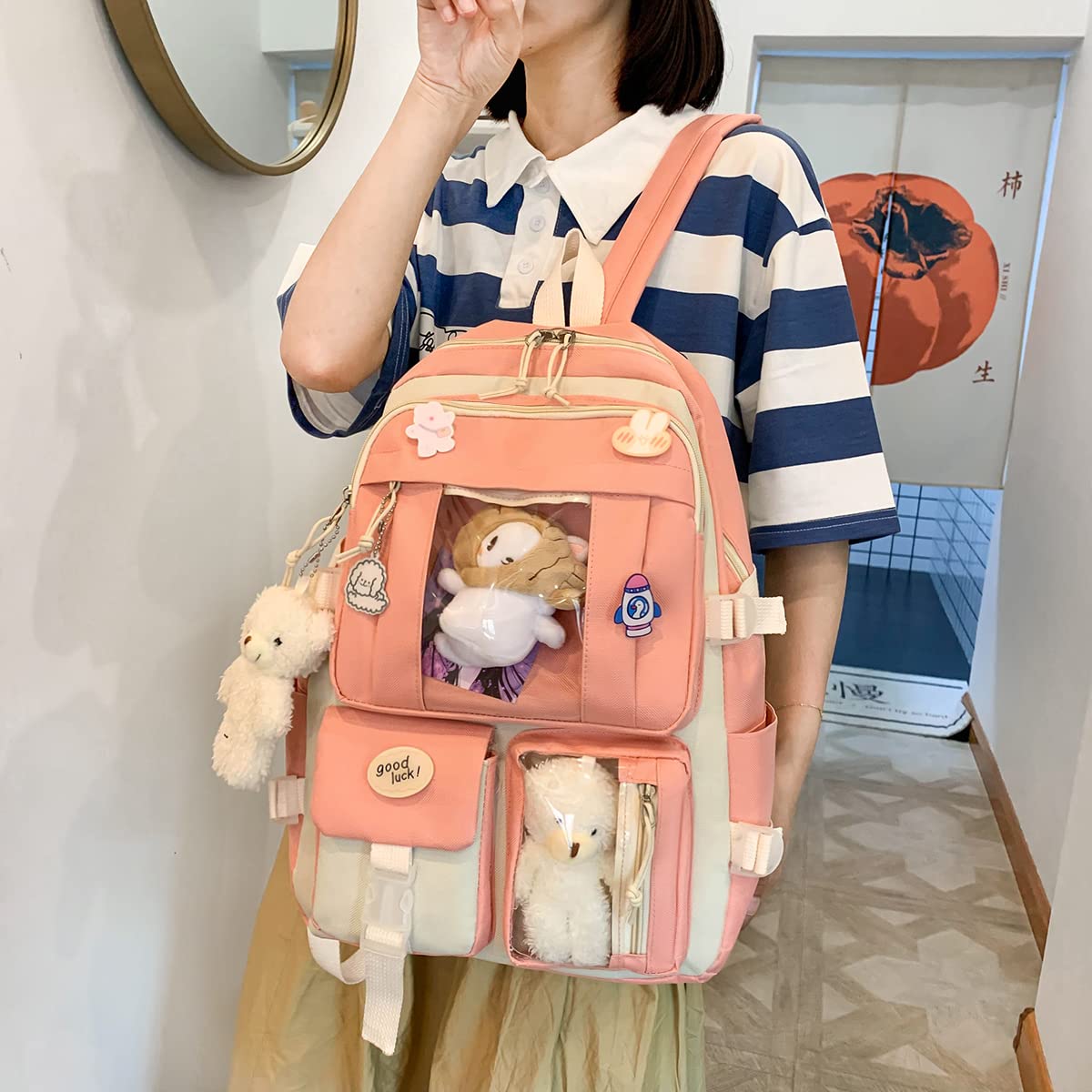 Preppy Kawaii Backpack for Girls with Pin & Accessories - Pink School Bag for Cute Aesthetic Style