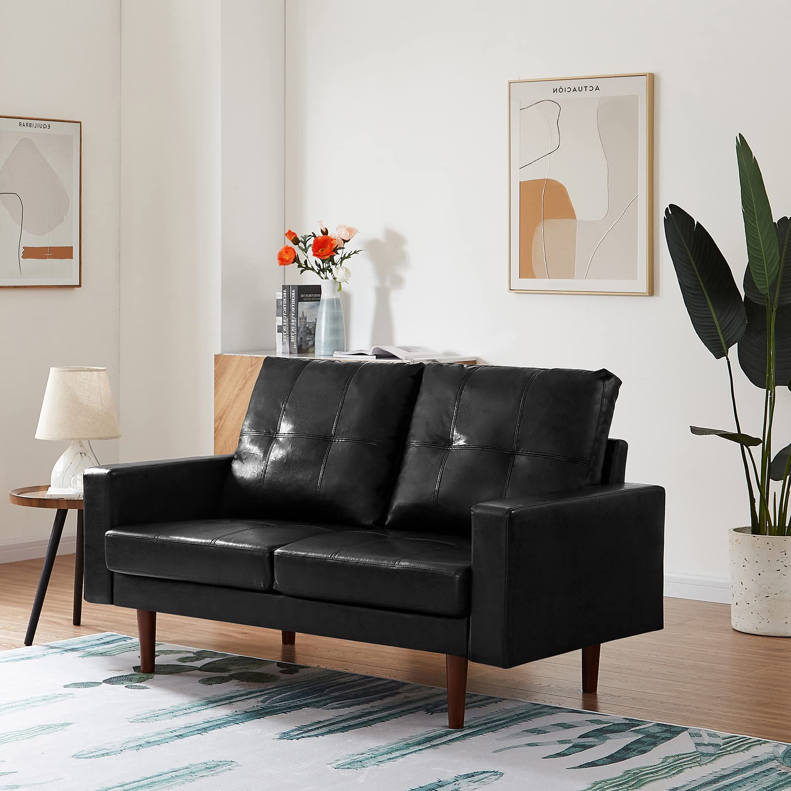 Modern PU Leather Loveseat Sofa with High-Density Foam Cushion & Solid Wood Legs - Comfortable Accent Love Seat for Living Room, Bedroom or Office - Perfect for Small Spaces, Reading Nook & Guest Seating (Black)