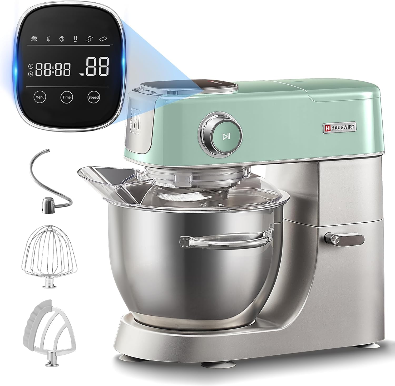 HAUSWIRT 5.3QT Electric Stand Mixer - 11-Speed Retro Kitchen Mixer with LED Display, Stainless Steel Attachments (Dough Hook, Flat Beater, Egg Whisk) | Perfect for Baking Cakes, Cookies, Bread & Pastry Dough | Vintage Green Countertop Appliance for Home Bakers