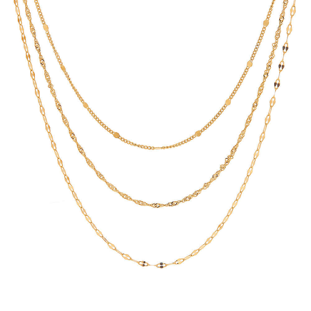 18K Gold Plated Triple Strand Lip & Cable Chain Necklace for Women - Elegant Layered Choker Jewelry Gift for Birthday, Anniversary & Valentine's Day | JDN471