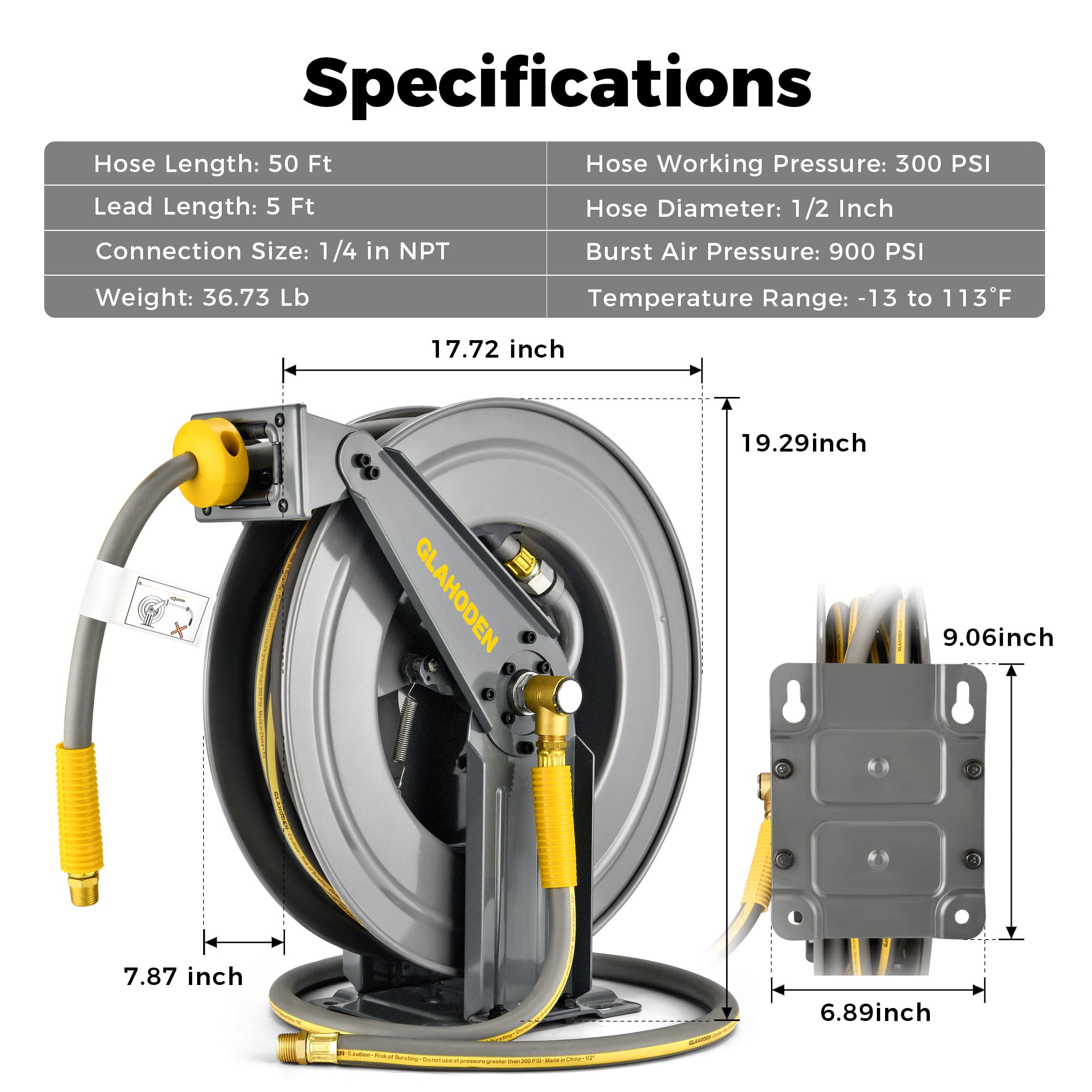 Heavy Duty 50 ft Double Arm Air Hose Reel with Auto Rewind - 1/2 Inch Hybrid Hose, 300 PSI Max, Quick Coupler & Swivel Fitting - Ideal for Professional Air Compressors, Workshops, and Garage Use