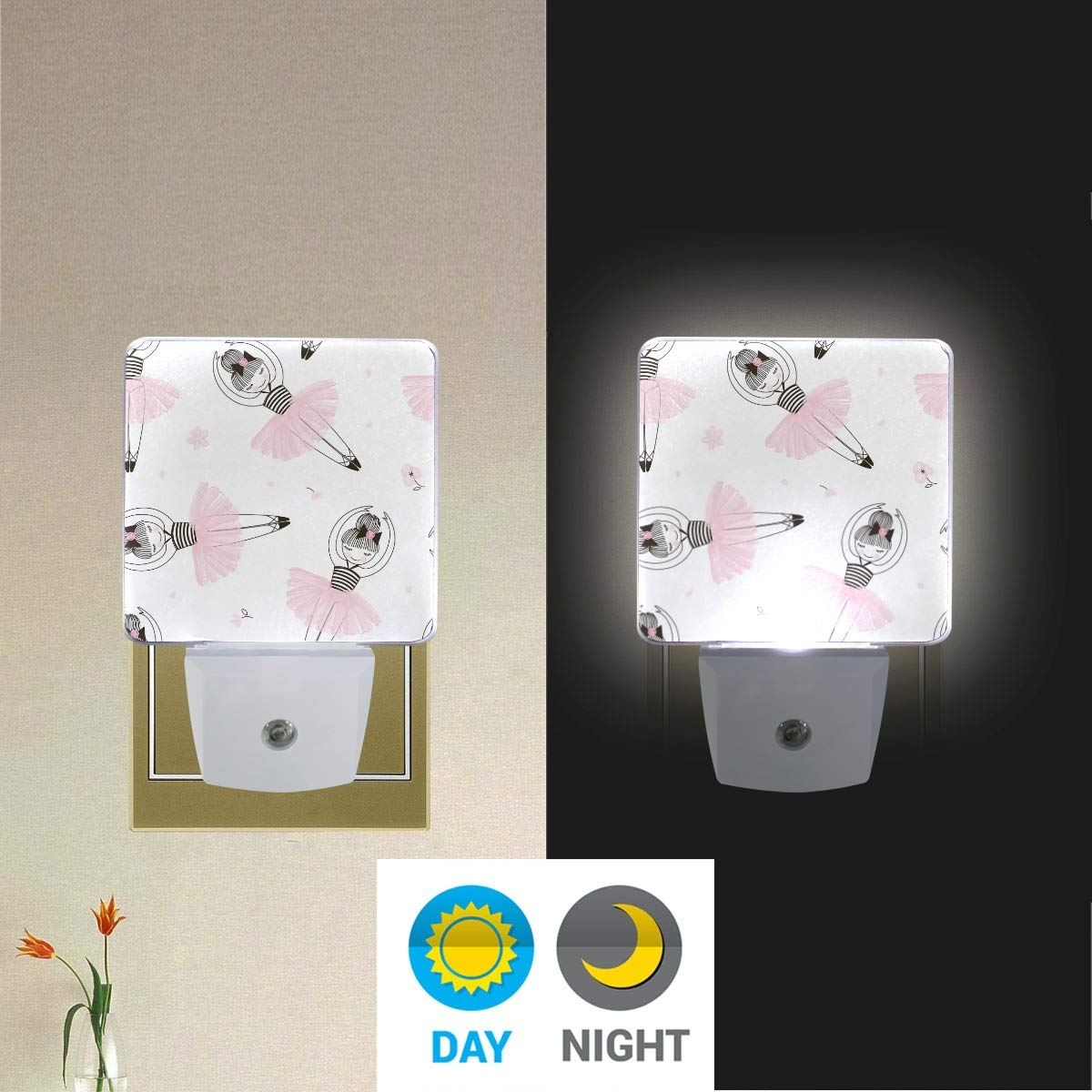 Vikko 2 Pack Cute Ballerina Girl Dancing LED Night Light with Dusk to Dawn Sensor - Plug in Nightlight for Kids & Adults, Perfect for Bedroom, Living Room, Hallway (Home Decor, Nursery, Gift Idea)