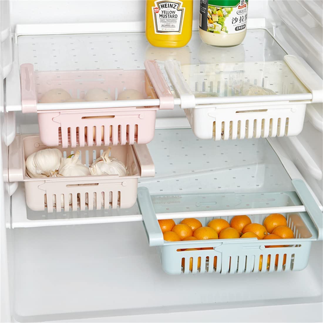 Adjustable Refrigerator Drawer Organizer - Pull-Out Fridge Freezer Shelf Holder, Kitchen Storage Rack for Food Containers | Space-Saving Solution for Refrigerator & Freezer Organization (Blue) - Perfect for Storing Fruits, Vegetables, Snacks & Meal Prep Containers
