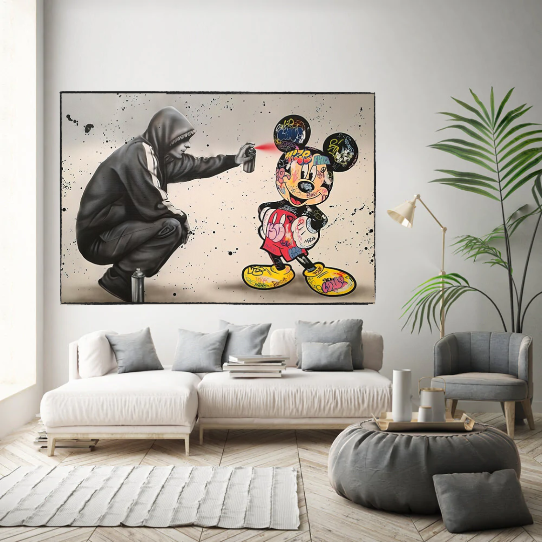 Banksy Mickey Mouse Spray Painted Canvas Wall Art - Urban Street Art Print for Modern Home & Office Decor | Perfect for Living Room, Bedroom & Studio Wall Display