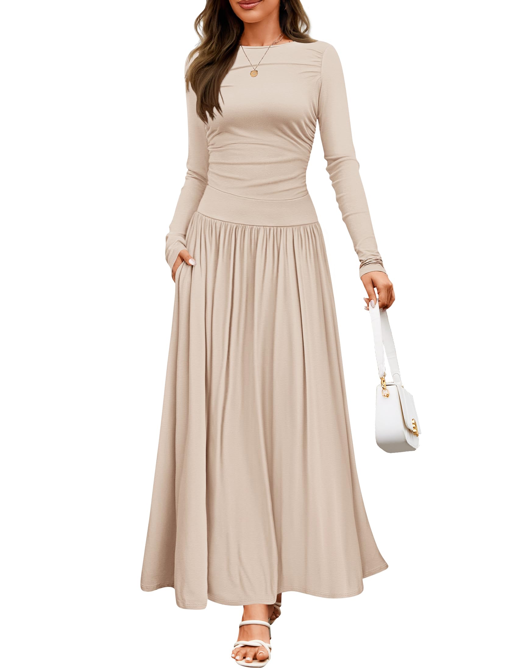 ZESICA Women's Long Sleeve Maxi Dress 2025 - Crewneck Knit Casual Slim Swing Pleated Dress with Pockets | Spring Summer Flowy Dress for Beach, Wedding & Everyday Wear