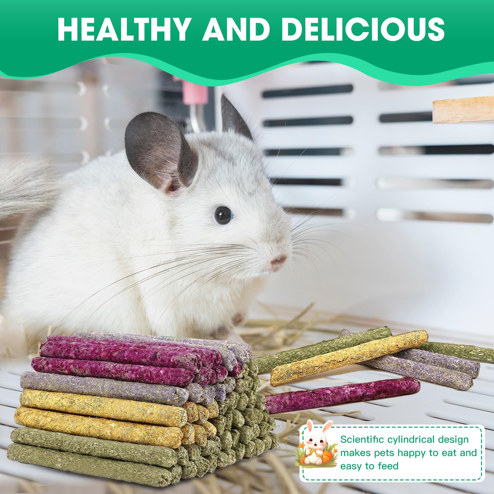 33 Pcs Natural Timothy Grass Rabbit Chew Sticks - Safe Molar Teeth Chew Toys for Rabbits, Guinea Pigs & Small Pets - Mixed with Dried Flowers for Dental Health - Perfect for Cage Enrichment & Playtime