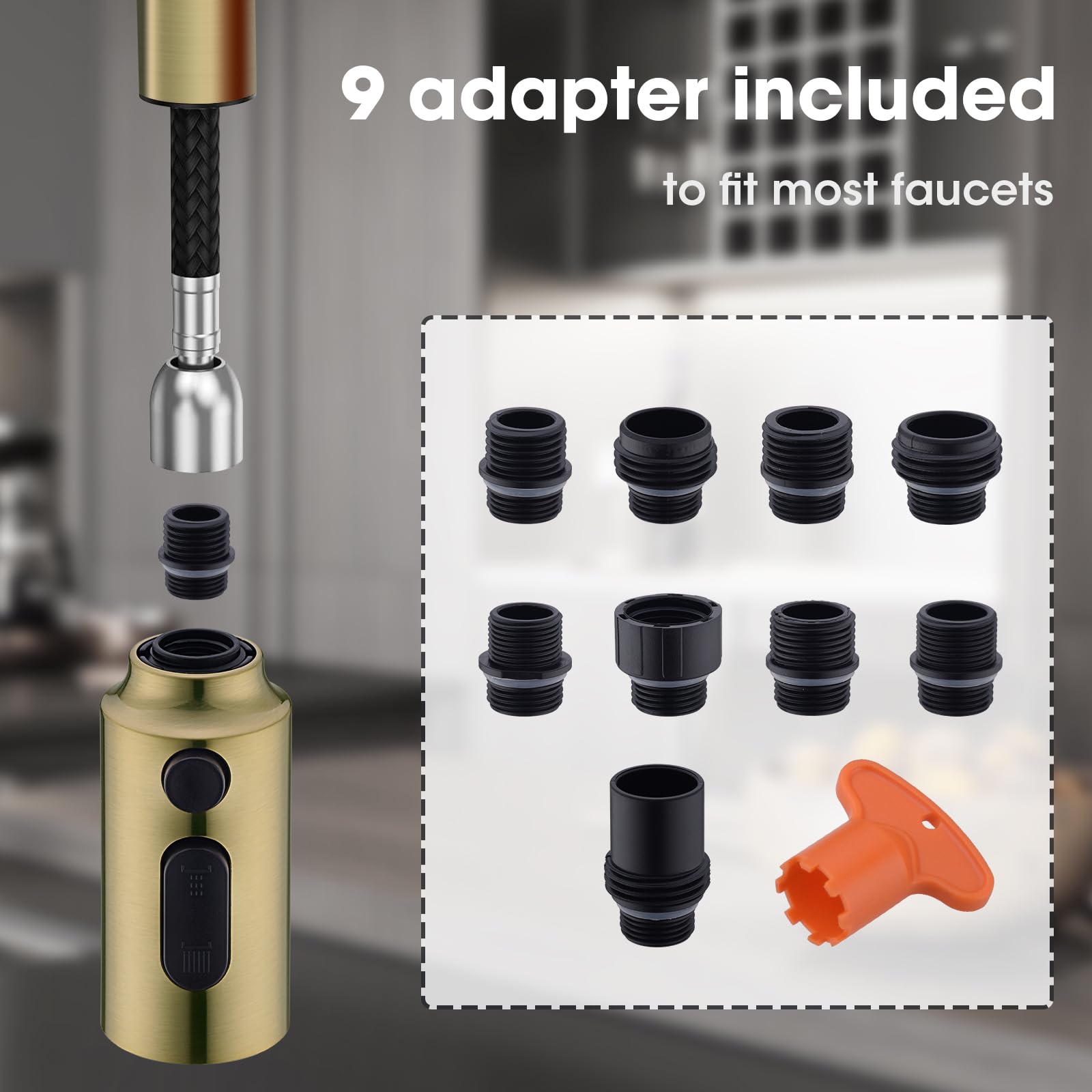 **CLOVERMAP Pull Down Kitchen Faucet Sprayer Head Replacement - 3 Function Spray Nozzle with 9 Adapters, Brushed Gold - Perfect for Sink Cleaning, Dishwashing & Food Prep**