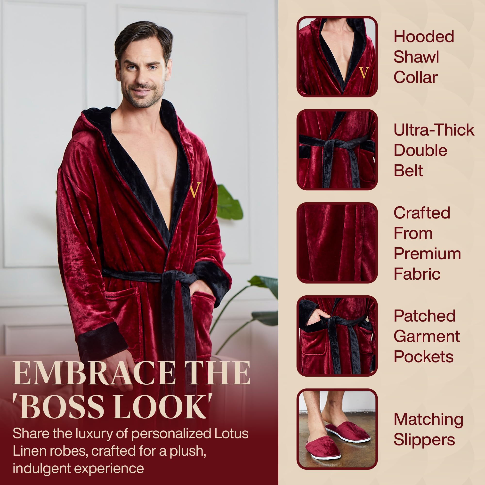 Premium Men's Plush Hooded Bathrobe - Ultra Soft Linen Long Robe for Spa, Lounge & Home Relaxation - Luxury Terry Cloth Robe for Men - Perfect for Bath, Hotel & Gift Giving