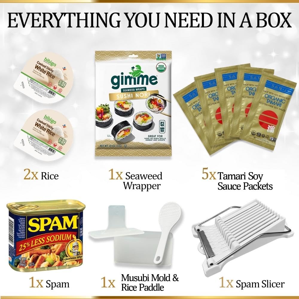 7-Piece Spam Musubi Kit with Press, Rice Paddle, Spam Slicer, Low Sodium Spam, Rice, Seaweed & Tamari Soy Sauce - Complete Hawaiian Sushi Making Set for Home Cooking, Parties & Meal Prep