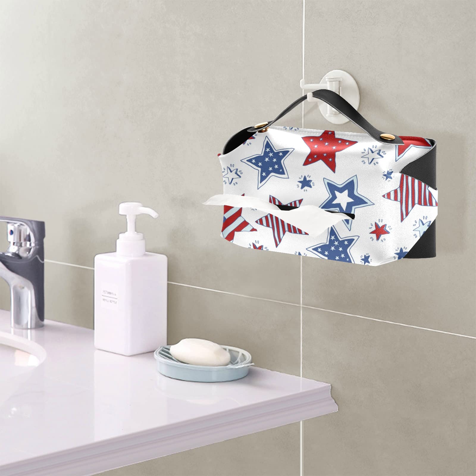 USA Flag Leather Tissue Box Cover - White & Blue Stars Design with Handle for Bathroom, Home, Office, Car | 5.7x5.7x5.7 in | Perfect for Nightstands, Vanity Countertops & Desk Decor