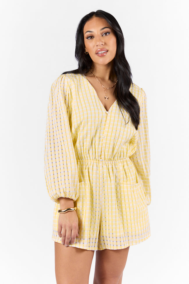 Set On You Yellow Gingham Long Sleeve Romper - Women's Summer Jumpsuit with Pockets | Perfect for Beach Vacations, Picnics & Date Nights