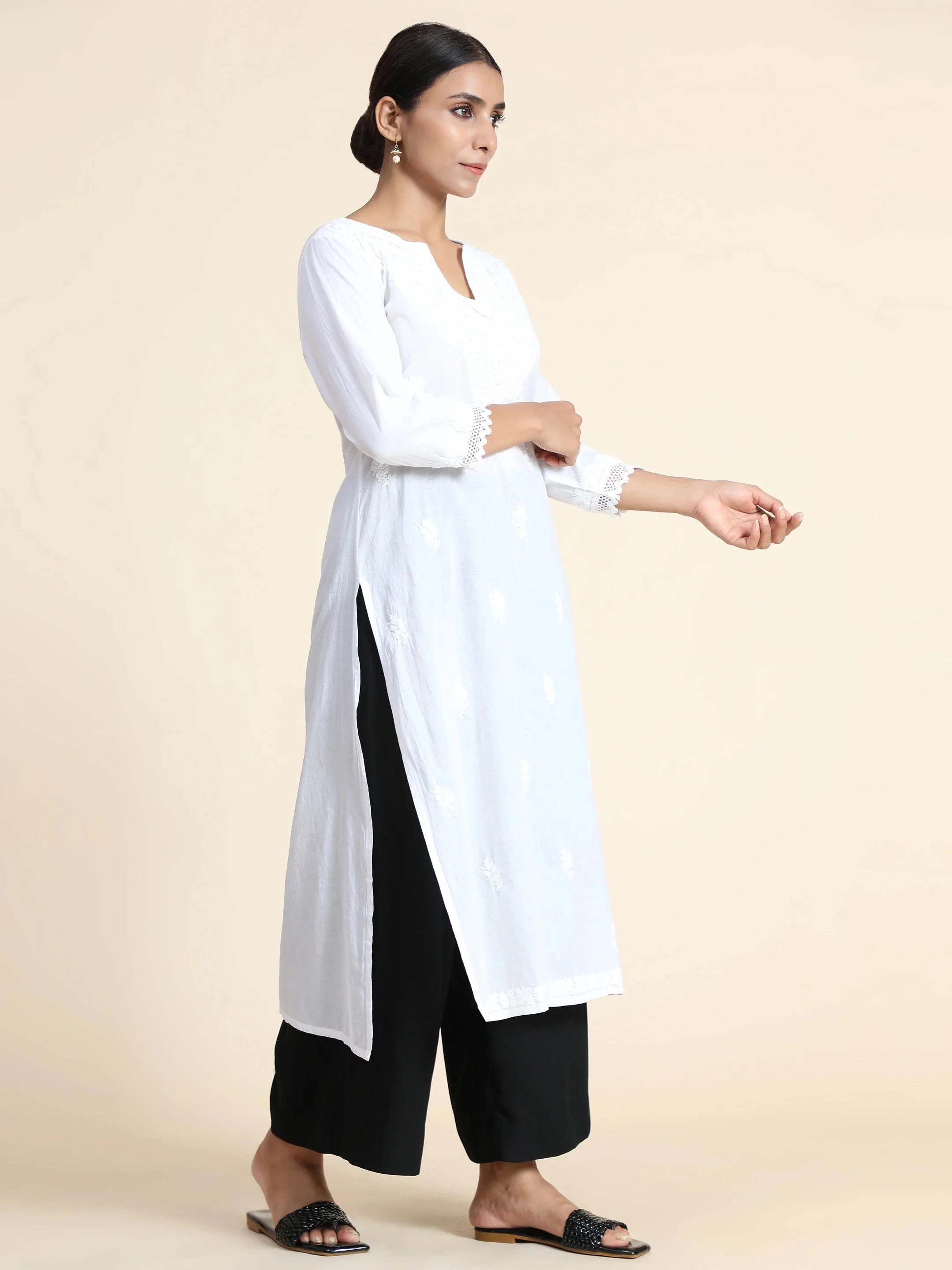 Sharmin HOK Chikankari Long Kurti for Women - White Traditional Indian Embroidered Tunic Top - Perfect for Festivals, Weddings & Ethnic Occasions