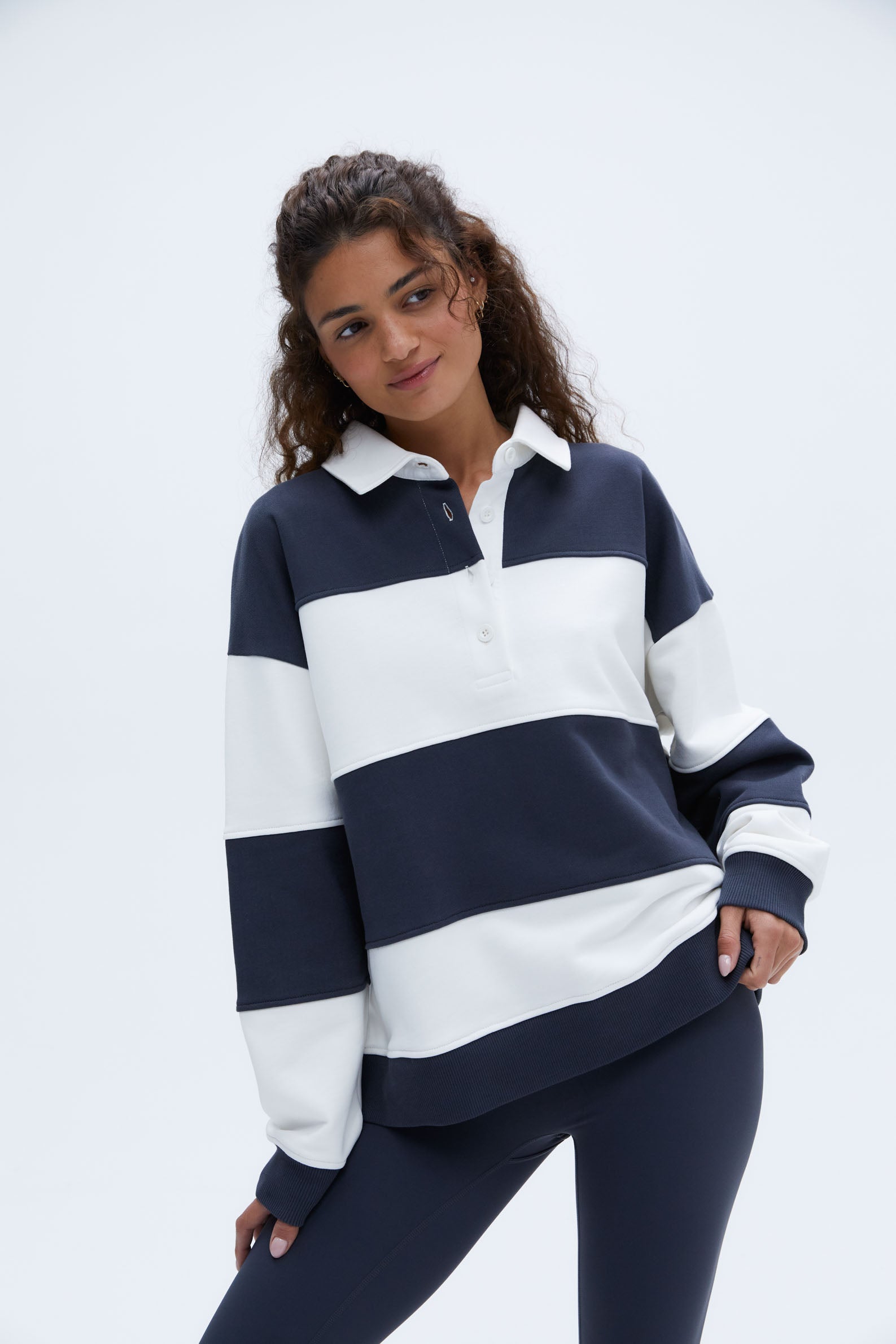Stylish Stripe Oversized Henley Sweatshirt for Women - Midnight Blue & Marshmallow White | Cozy Casual Wear for Fall & Winter