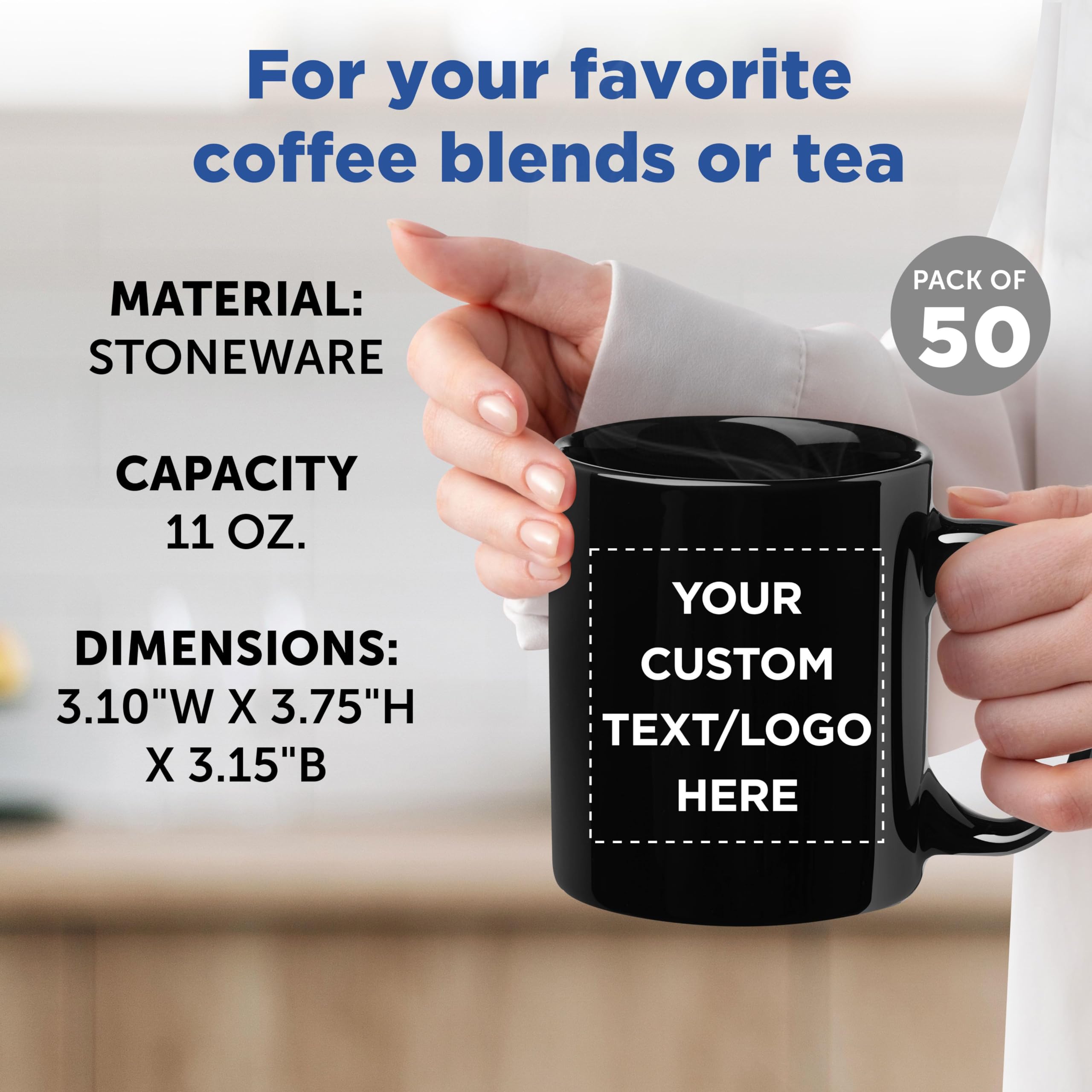 Custom 11 oz Ceramic Coffee Mugs Bulk Set of 50 - Personalized Black Coffee Cups for Hot & Iced Drinks, Gaming, Office Use - Durable Restaurant & Home Kitchen Drinkware