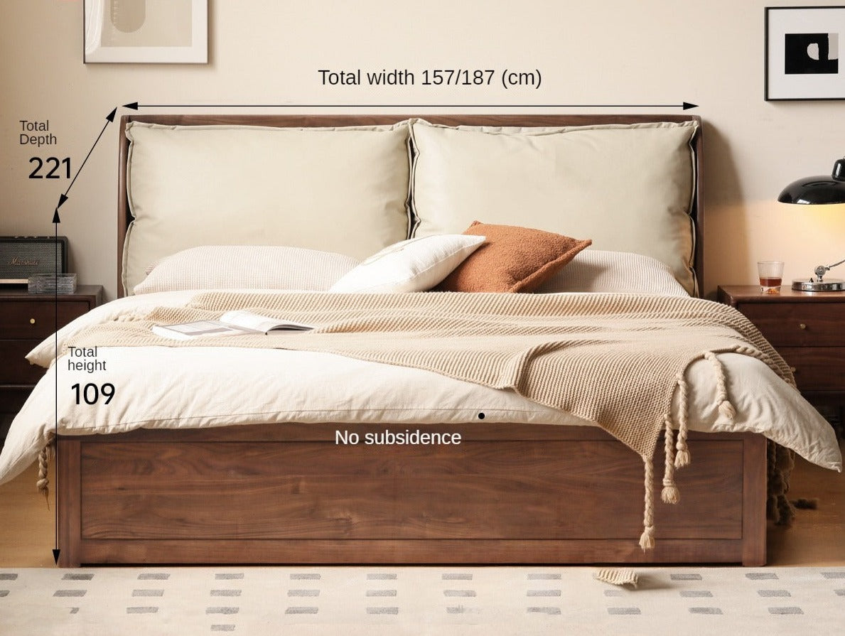 Solid Black Walnut Wood Bed with Genuine Leather Headboard - Luxury Bedroom Furniture for Master Suite, Guest Room & Modern Home Decor