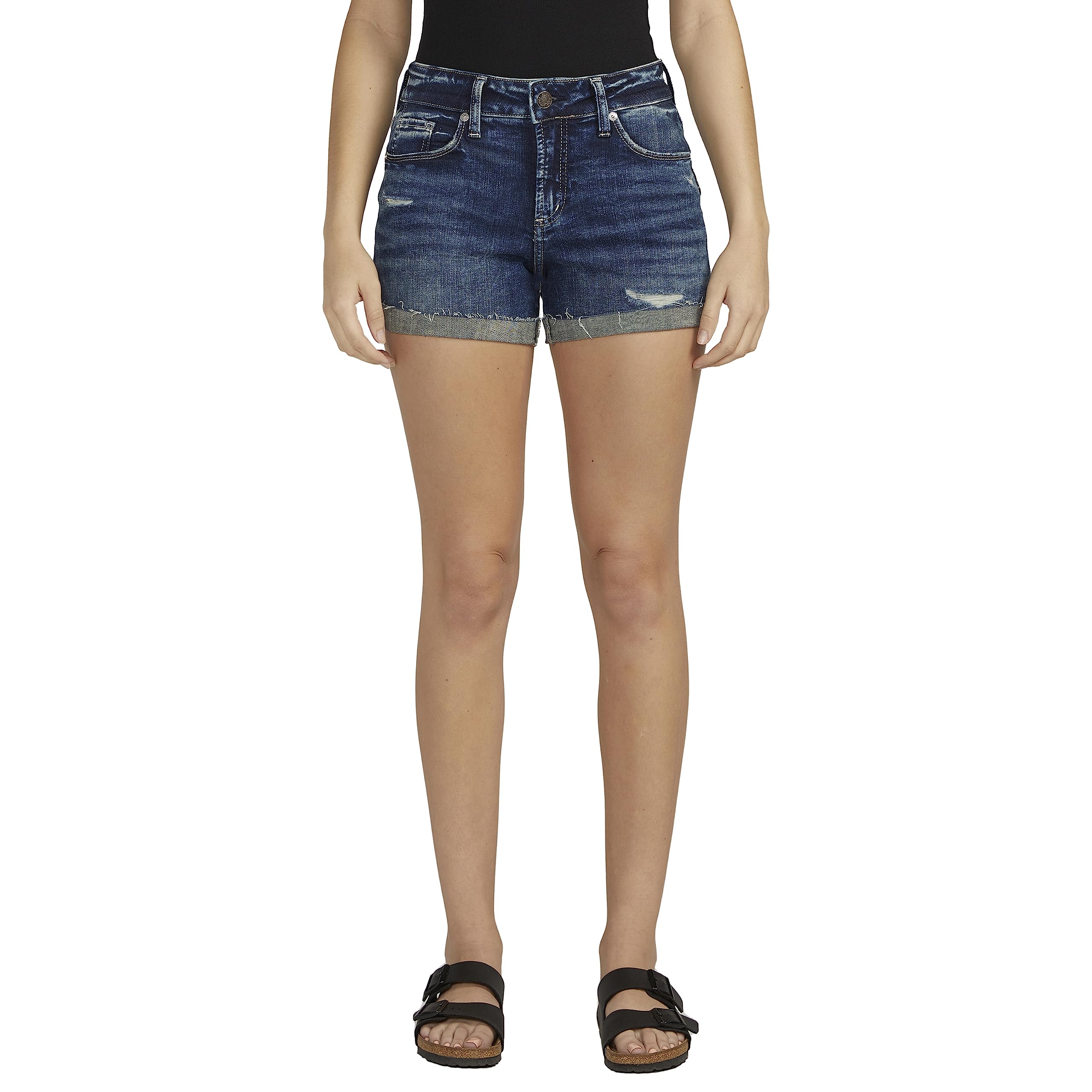 Silver Jeans Co. Women's Suki Mid Rise Curvy Fit Denim Shorts - Comfortable Stretch Jeans for Casual Wear & Summer Outfits