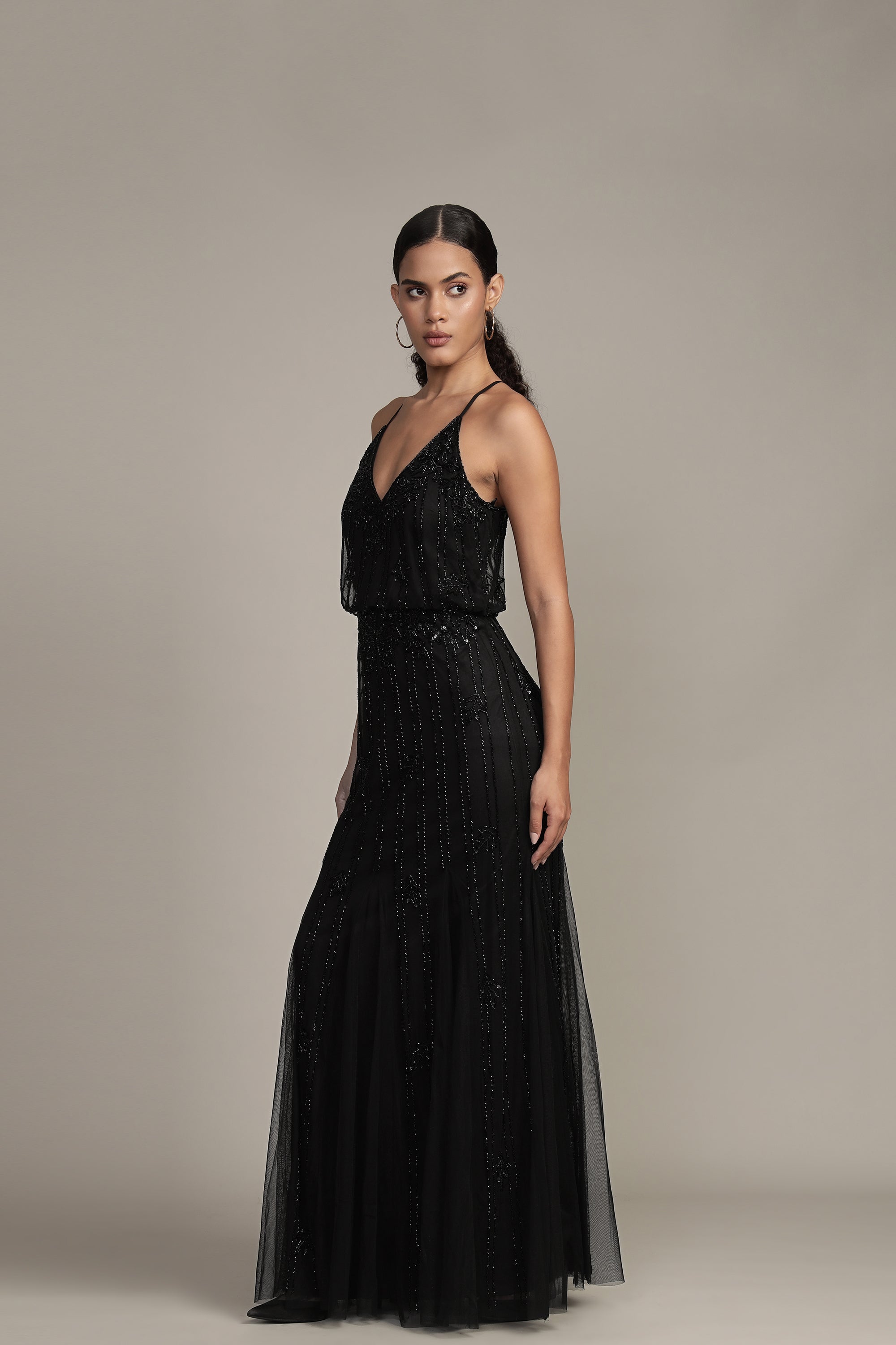 Keeva Black Beaded Maxi Dress for Women - Elegant Long Evening Gown with Intricate Beadwork, Perfect for Weddings, Parties & Special Occasions