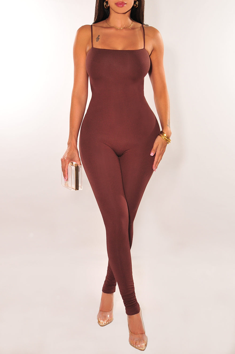 Sexy Chocolate Brown Spaghetti Strap Cut Out Back Jumpsuit - Women's Fashion Romper for Club, Party & Date Night Outfits