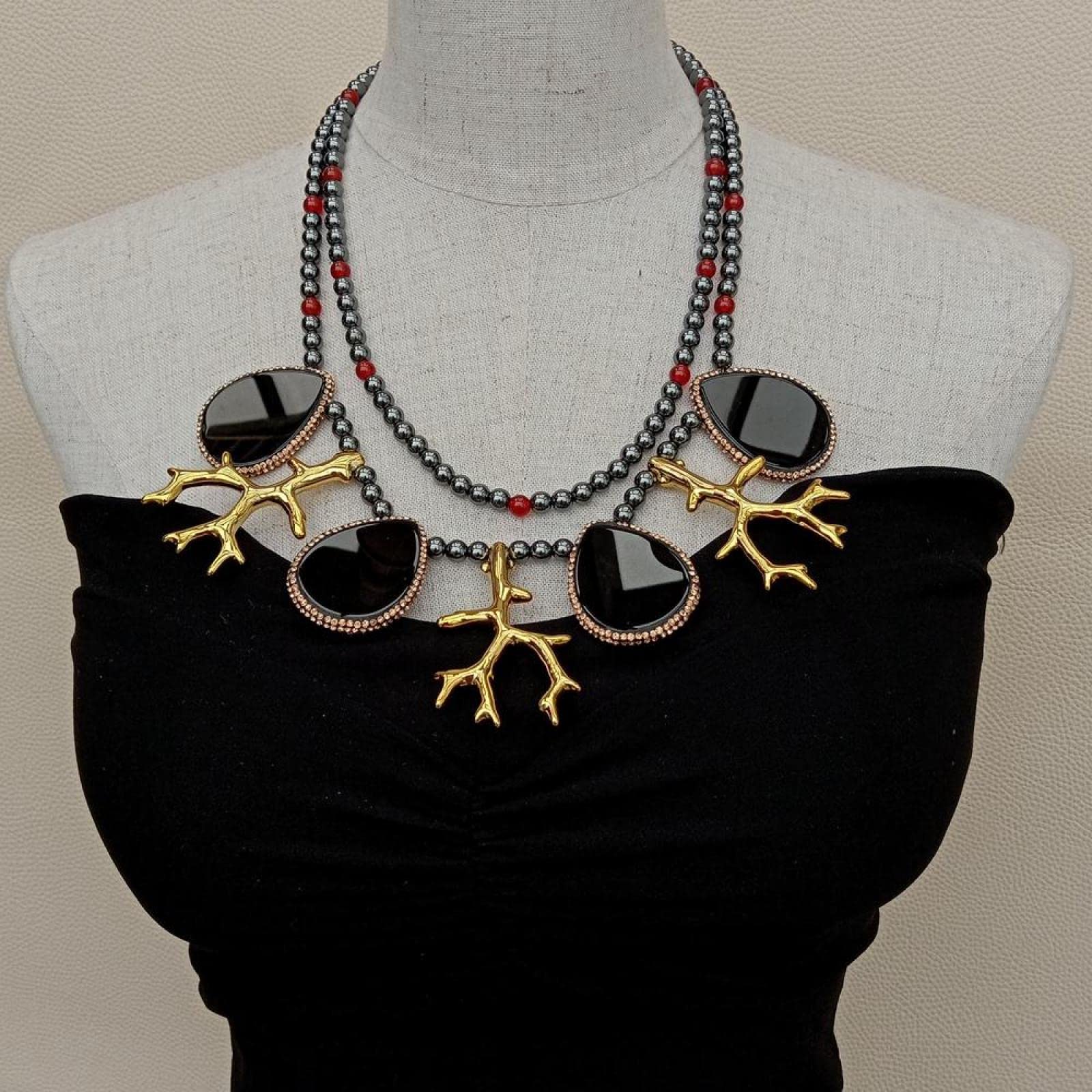 UFFD Women's Vintage Resin Necklace - 2 Row Red Agate & Black Onyx Pendant Jewelry, 21 Inch Chain, Elegant Gift for Her | Perfect for Weddings, Parties, Anniversaries & Special Occasions