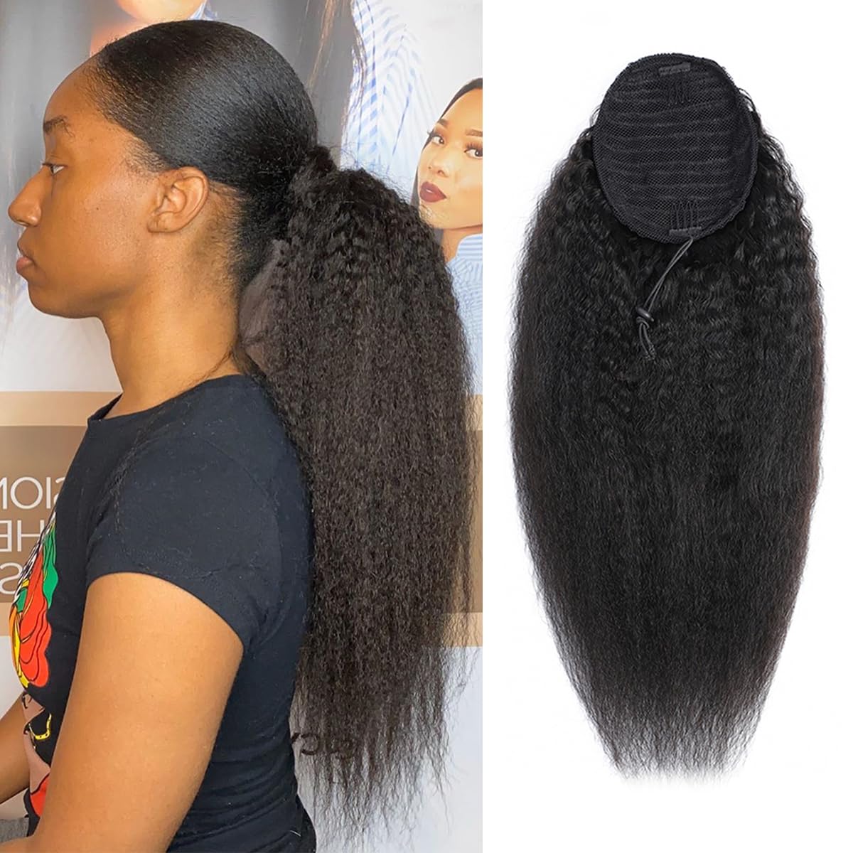 Virgin Human Hair Kinky Straight Ponytail Clip-in Hair Extensions 16 Inch - 100% Remy Human Hair for Natural Look - Perfect for Daily Wear, Parties & Special Occasions