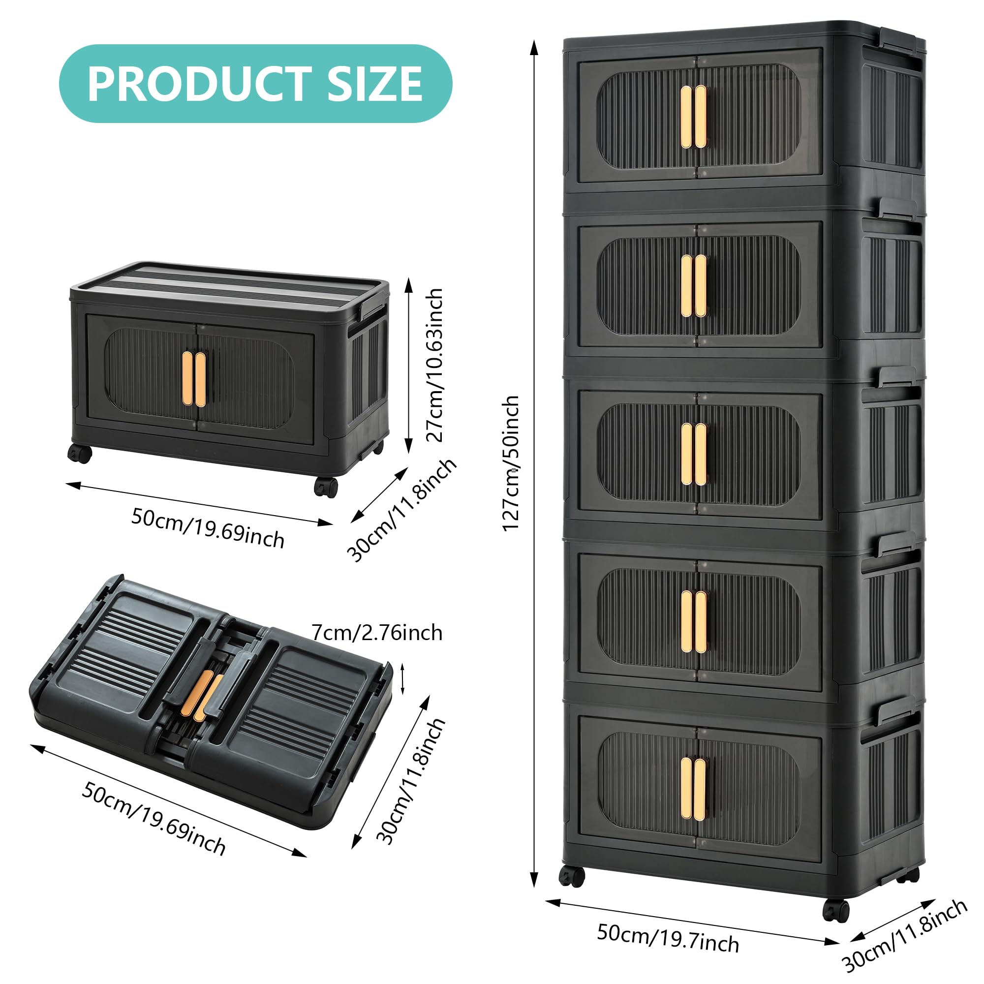 Holaki 5-Tier Collapsible Closet Organizer with Lids - Stackable Plastic Storage Bins with Wheels & Magnetic Door for Bedroom, Closet, Office (Black) - Space Saving Storage Solution for Clothes, Toys & Home Organization