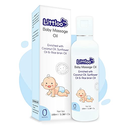 **LITTLOO Natural Baby Massage Oil with Coconut, Sunflower & Rice Bran Oils - Hypoallergenic, Dermatologist-Tested for Sensitive Skin | Calming & Soothing Infant Massage | Perfect for Bedtime & Relaxation (100ml)**