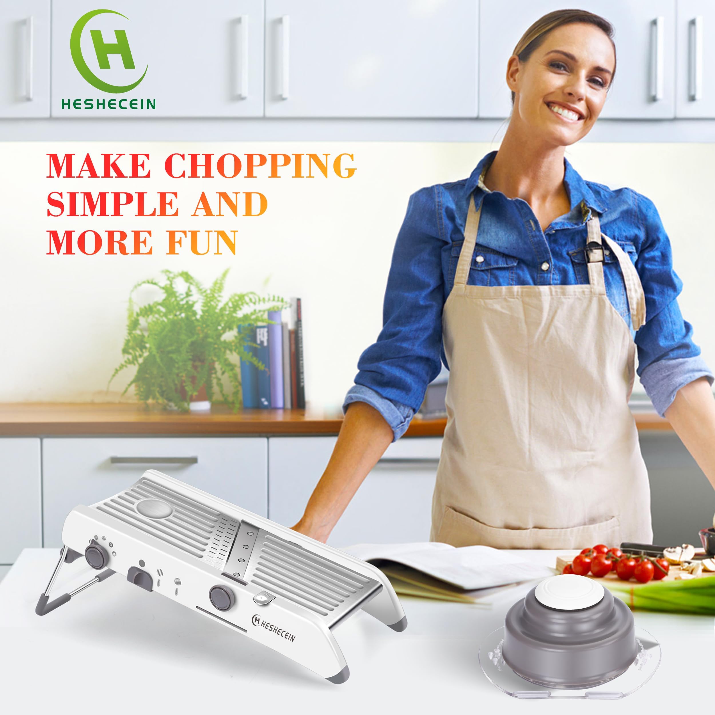 Adjustable Mandoline Slicer - Stainless Steel Vegetable & Fruit Slicer with 5 Blades | Kitchen Chopper for Potato, Onion, Carrot | Includes Waffle & French Fry Cutter | Perfect for Meal Prep, Salad Making & Healthy Cooking (White)
