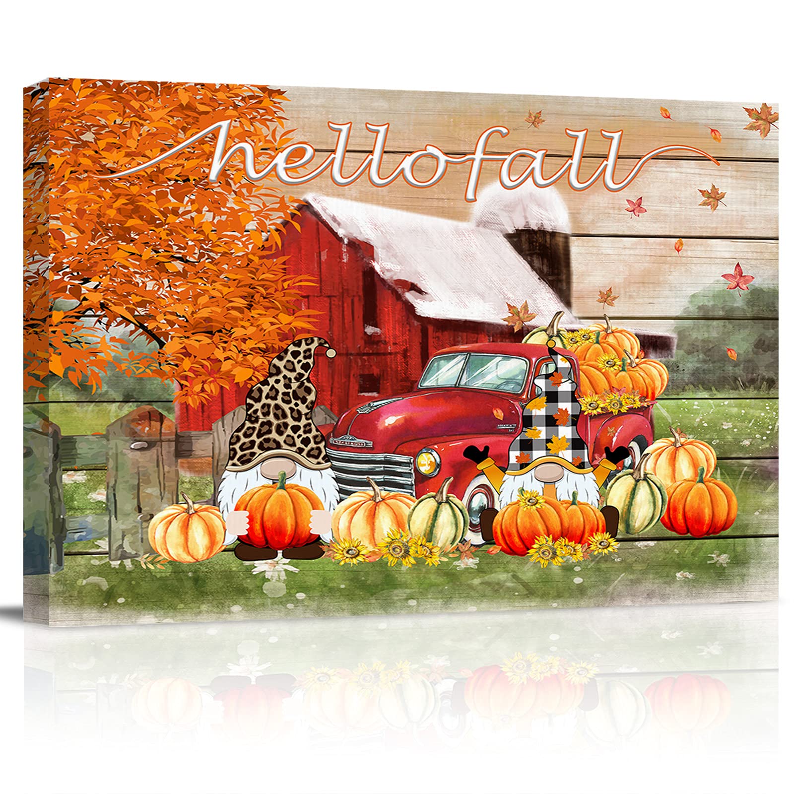Farmhouse Fall Leaves Thanksgiving Canvas Wall Art - Framed Oil Painting Print of Red Truck & Gnomes with Pumpkins - Perfect for Bathroom, Bedroom, Kitchen, Living Room & Corridor Decor