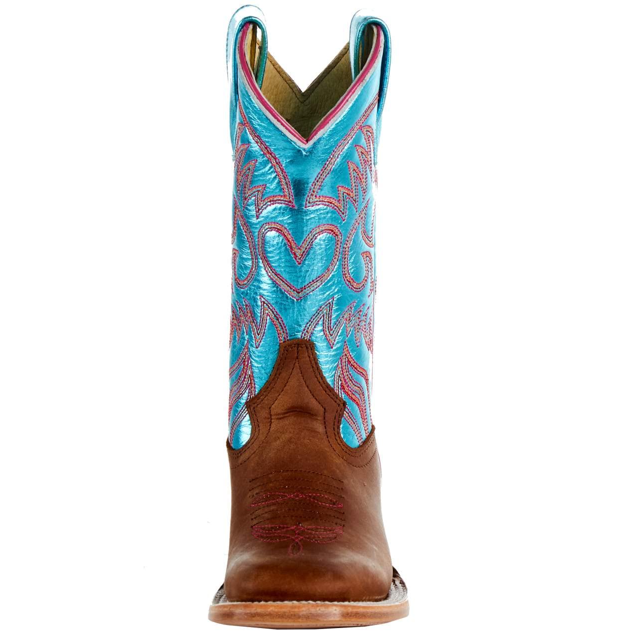 Macie Bean Kids Crazy Horse Boots with Metallic Turquoise Top - Western Style Cowgirl Boots for Girls, Comfortable & Durable Riding Boots for Horseback Riding, Country Fashion & Outdoor Activities
