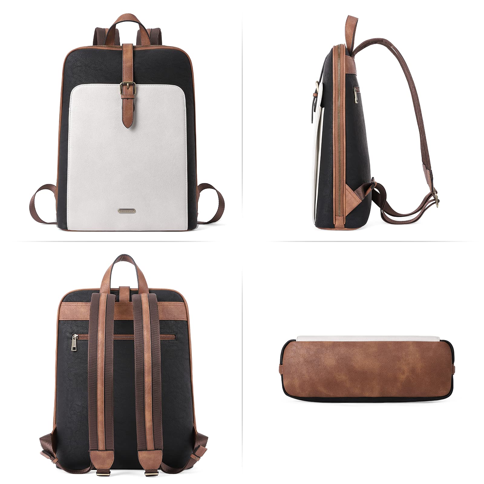 CLUCI Genuine Leather Backpack for Women - 15.6 Inch Laptop Backpack, Stylish Work & Travel Purse, Water-Resistant Daypack (Black/Off-White Brown) - Perfect for Office Commute, College & Business Trips