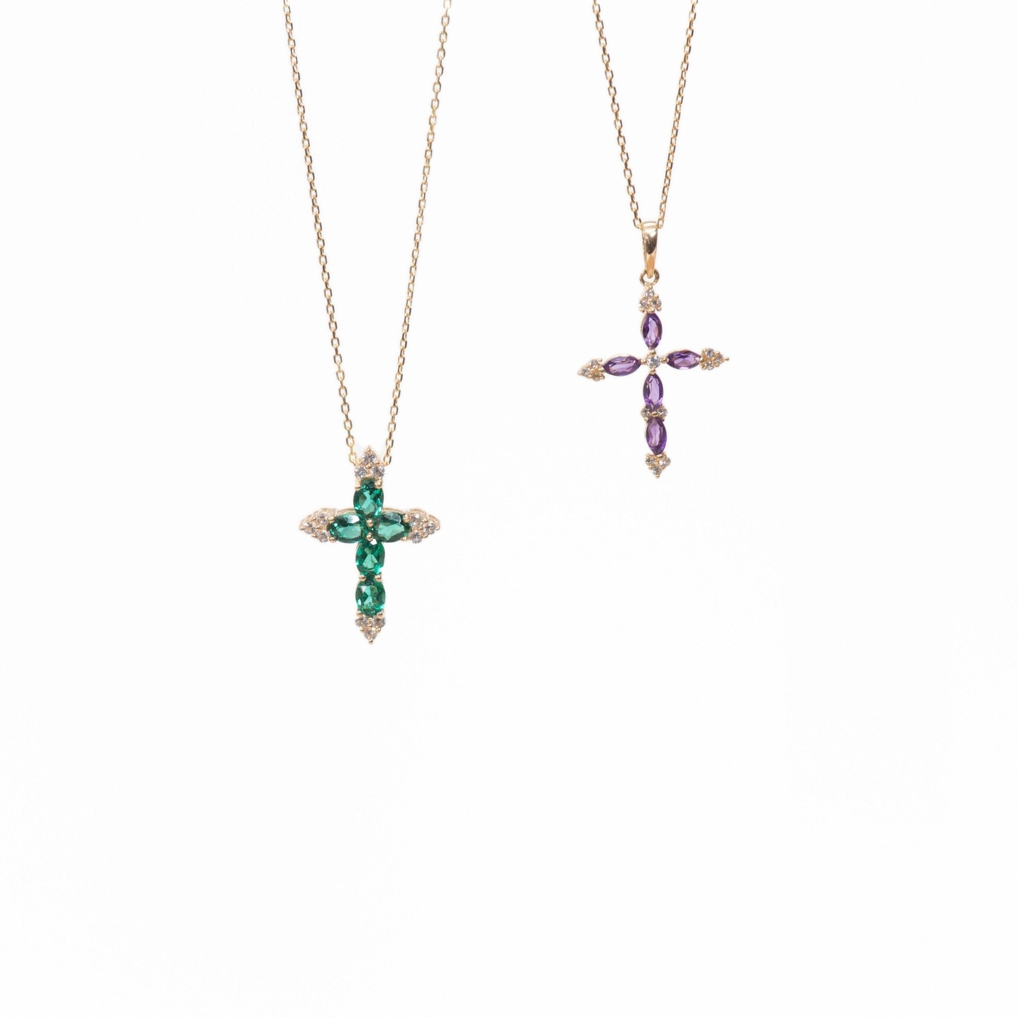 10k Yellow Gold Emerald and White Sapphire Cross Pendant Necklace for Women - Elegant Religious Jewelry Gift for Baptism, First Communion & Everyday Wear