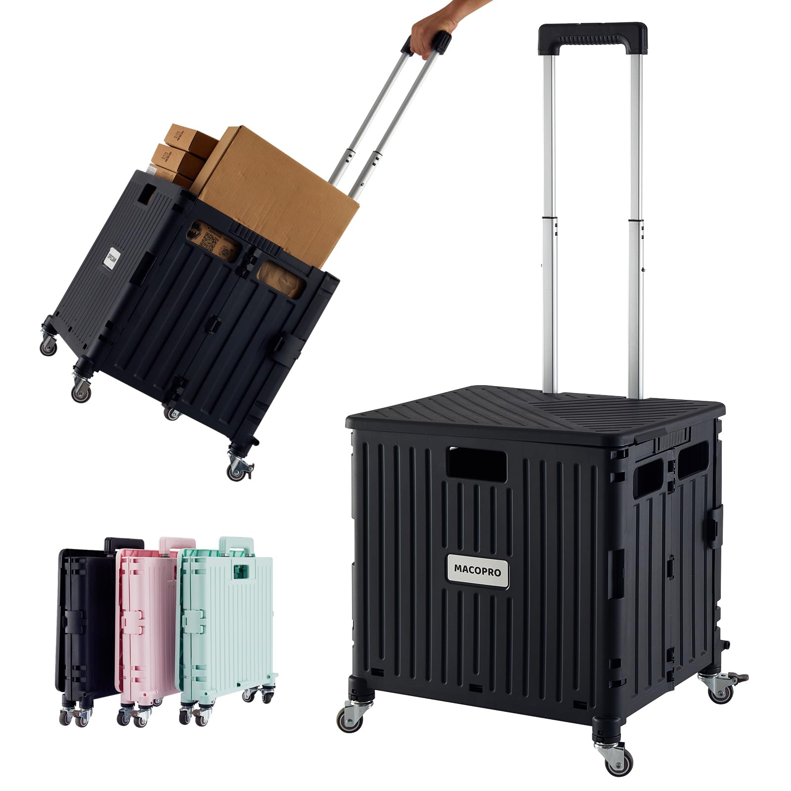 Foldable Utility Cart with Lid & Basket - 4 Rotating Wheels Portable Hand Truck for Grocery Shopping, Office Supplies, Luggage Transport & Classroom Use | Heavy Duty Collapsible Rolling Crate (Black) - Perfect for Teachers, Warehouse, Home & Garden Organization