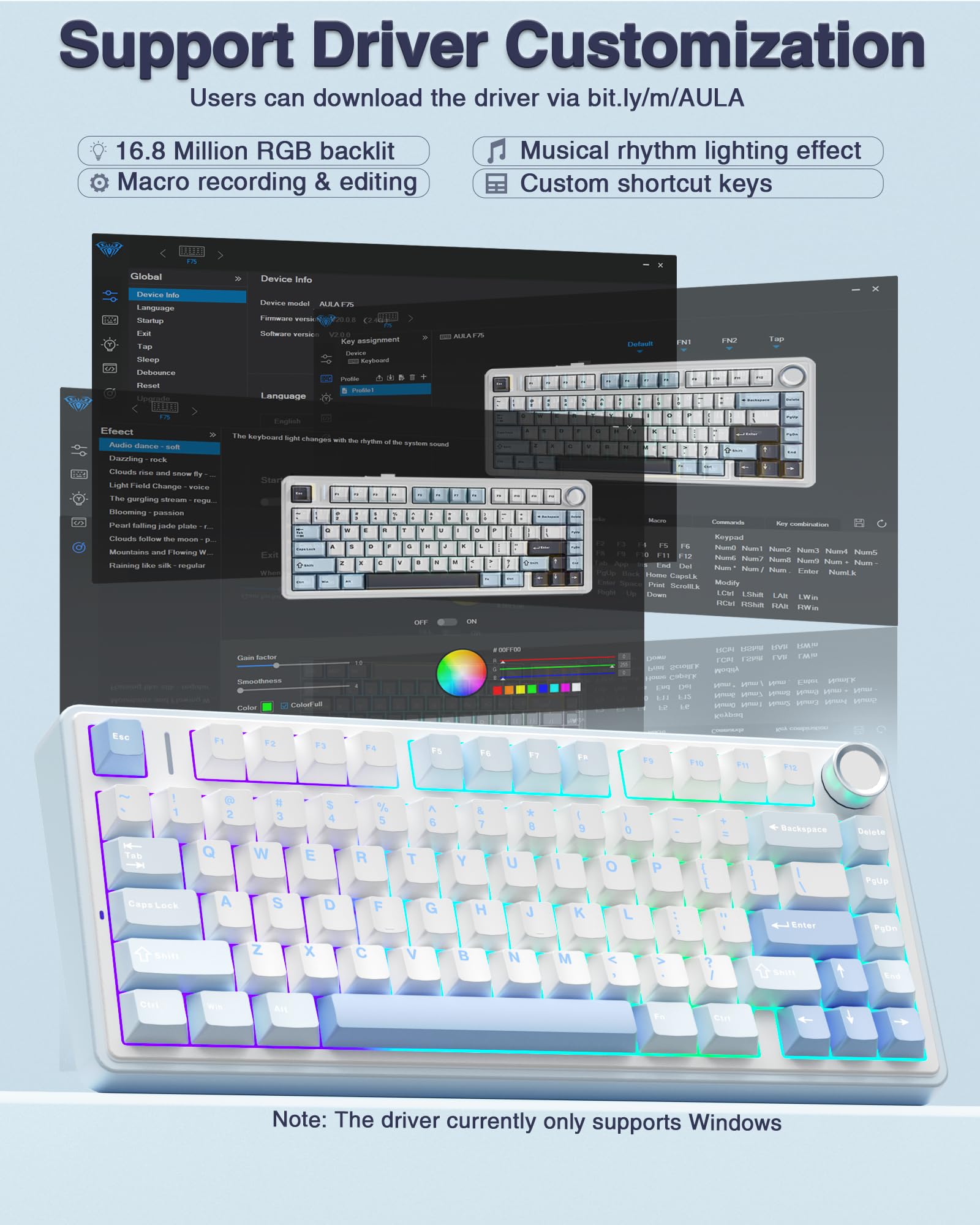 AULA F75 75% Wireless Mechanical Keyboard - RGB Backlit, Hot Swappable, Greywood Switches for Gaming & Typing (Sea Salt Blue)