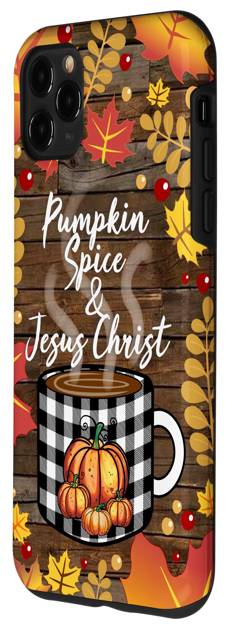 iPhone 11 Pro Max Case - Pumpkin Spice Fall Design with Jesus Christ Mug Thanksgiving Plaid Pattern | Protective Phone Cover for Autumn, Holiday Gifts & Coffee Lovers