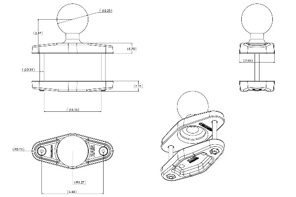 RAM D 247U 4 Clamp Base with D Size Ball - Heavy Duty Mounting Bracket for Marine, Motorcycle & Off-Road Vehicle Accessories