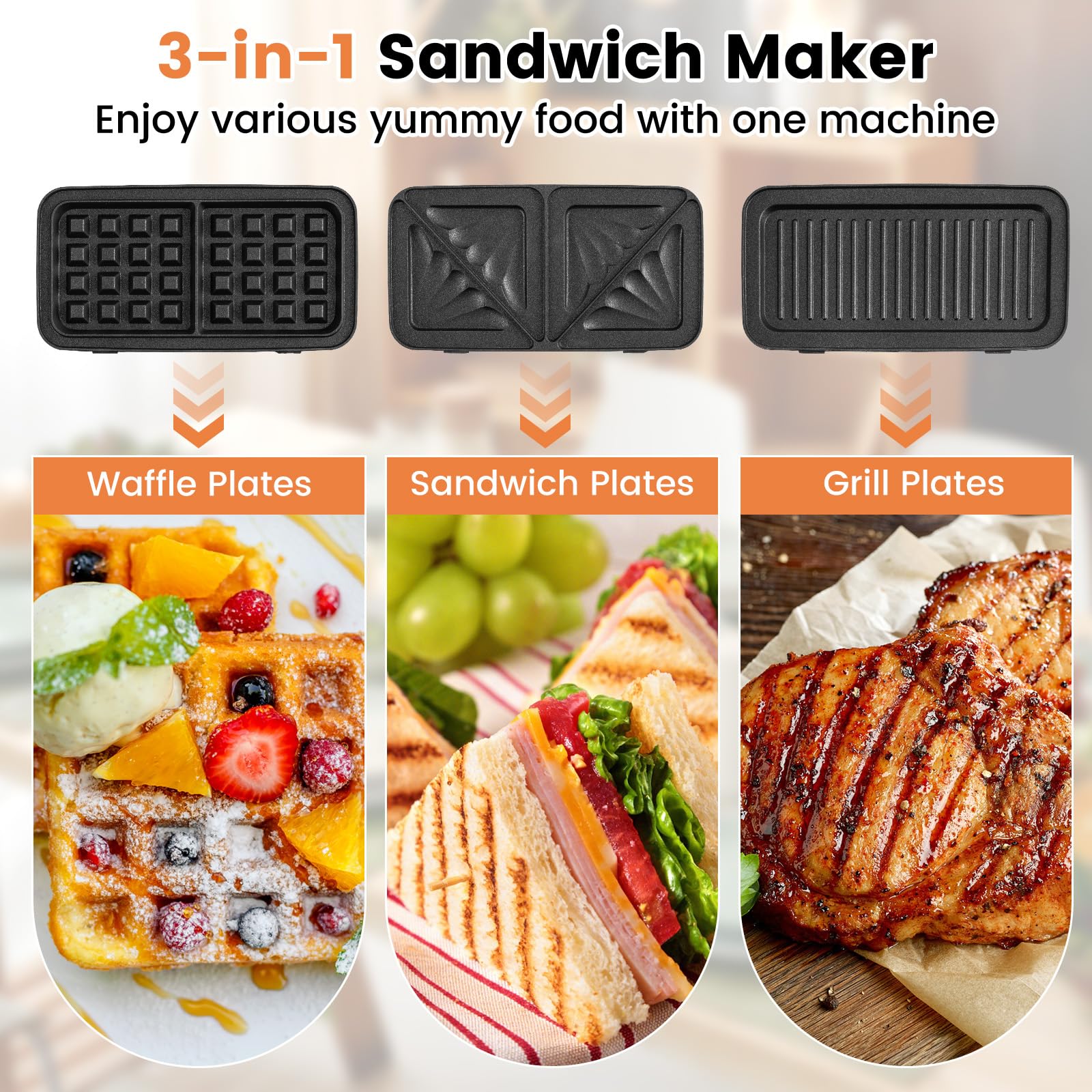 COSTWAY 3-in-1 Sandwich Maker & Waffle Iron, 1200W Electric Grill with 3 Interchangeable Non-Stick Plates, 5-Temperature Settings for Perfect Grilled Cheese, Panini Press & Breakfast Waffles - Ideal for Home, Office & Quick Meals