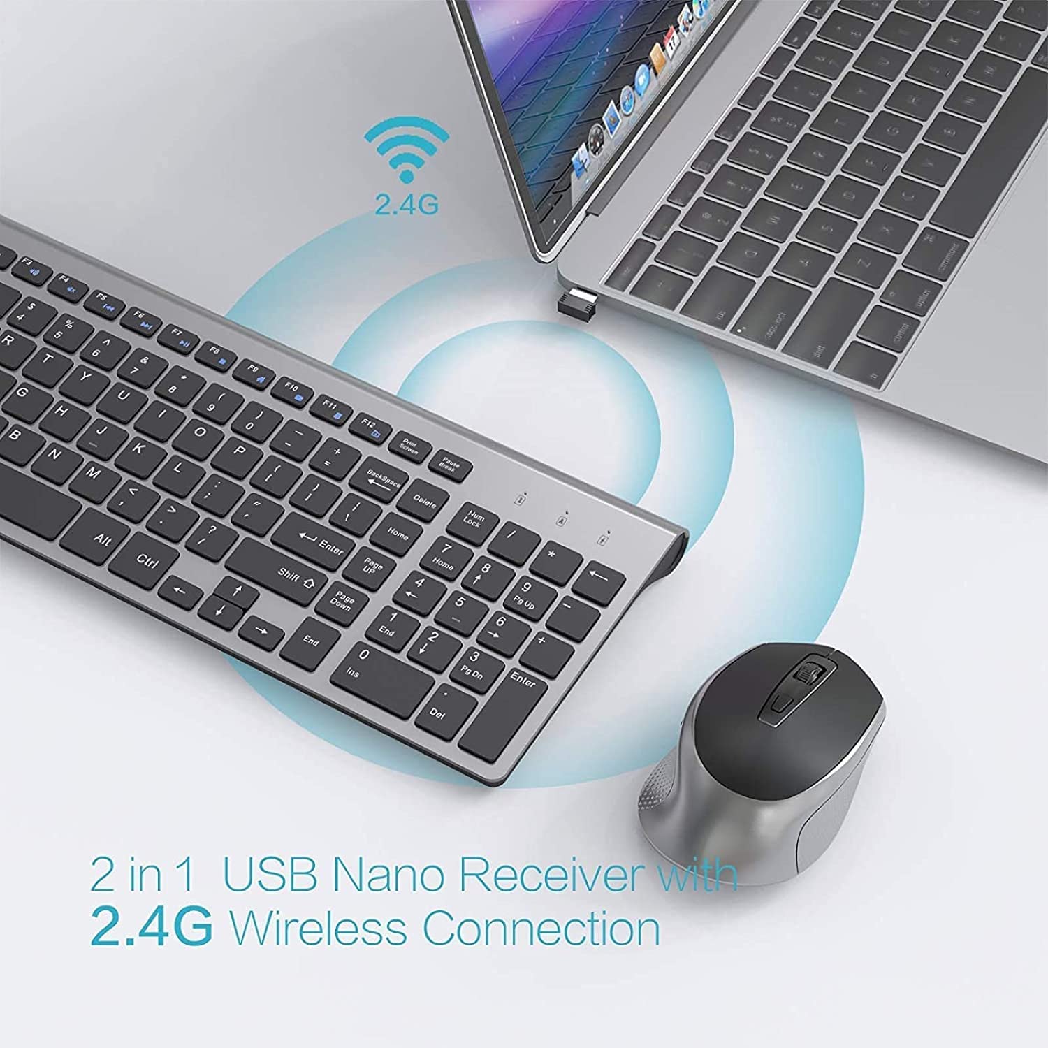 J JOYACCESS 2.4G Wireless Keyboard and Mouse Combo - Ergonomic Design for Comfort Typing, Compatible with PC, Windows, Laptop, Desktop, Chromebook & Mac (Grey) - Perfect for Office Work, Gaming & Home Computing