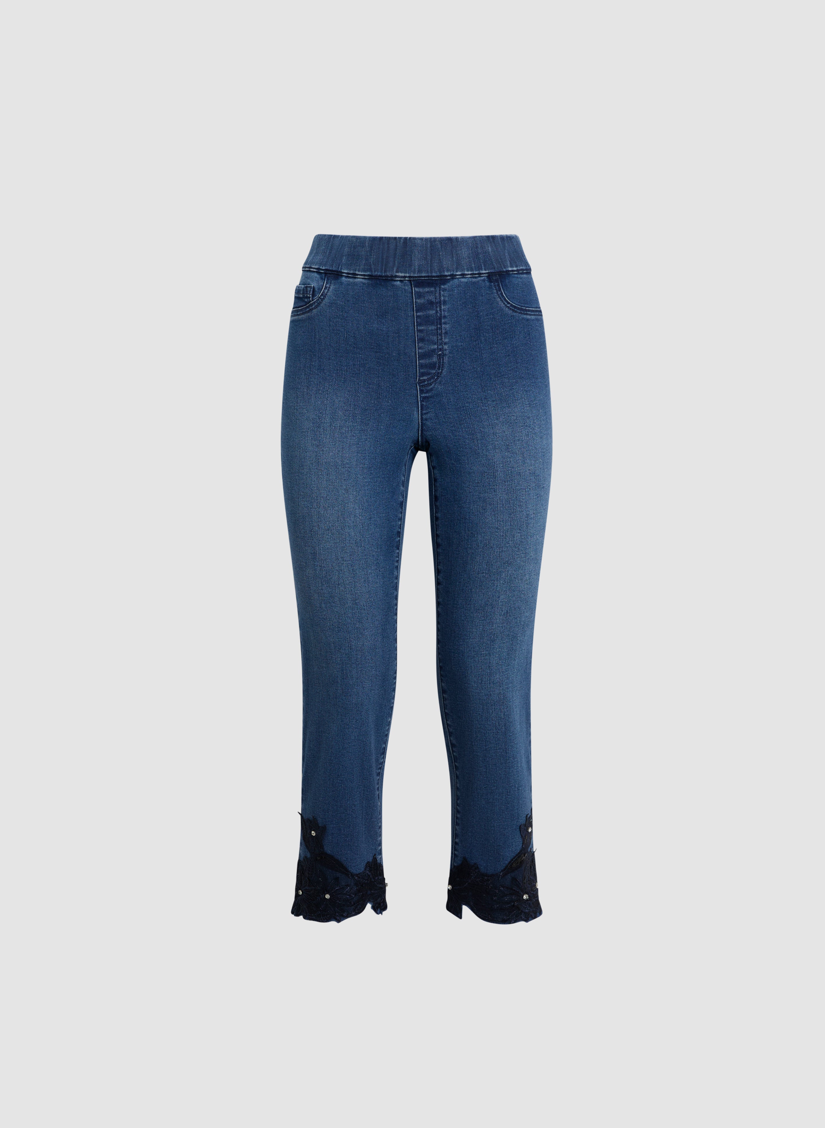 Embroidered Hem Straight Leg Jeans for Women - High Waist Denim Pants - Casual & Comfortable Jeans for Everyday Wear, Office, and Date Night