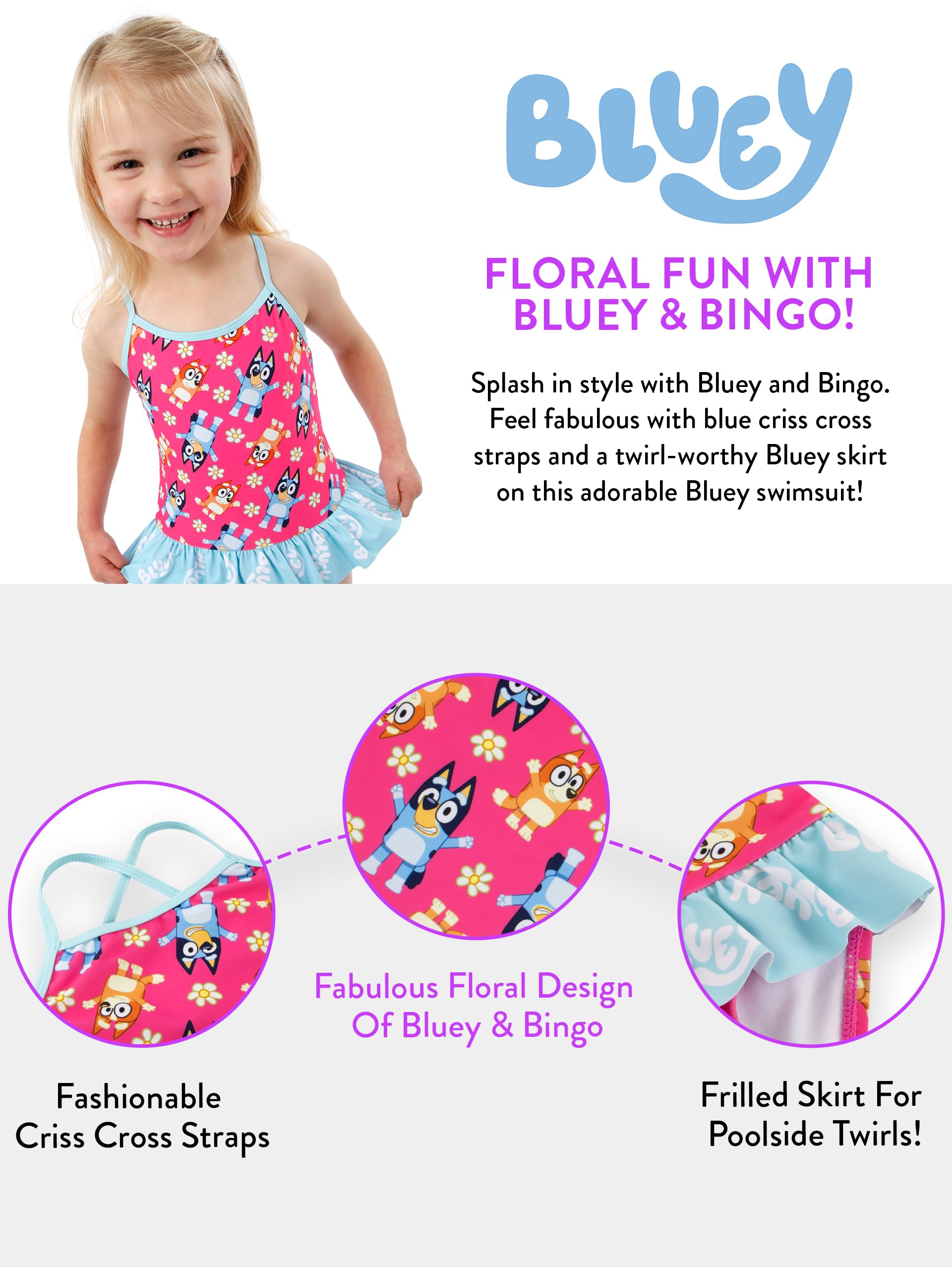 Bluey Girls Swimsuit - Official Licensed Bathing Suit for Toddlers & Kids | UV Protection Swimwear for Pool, Beach & Summer Activities