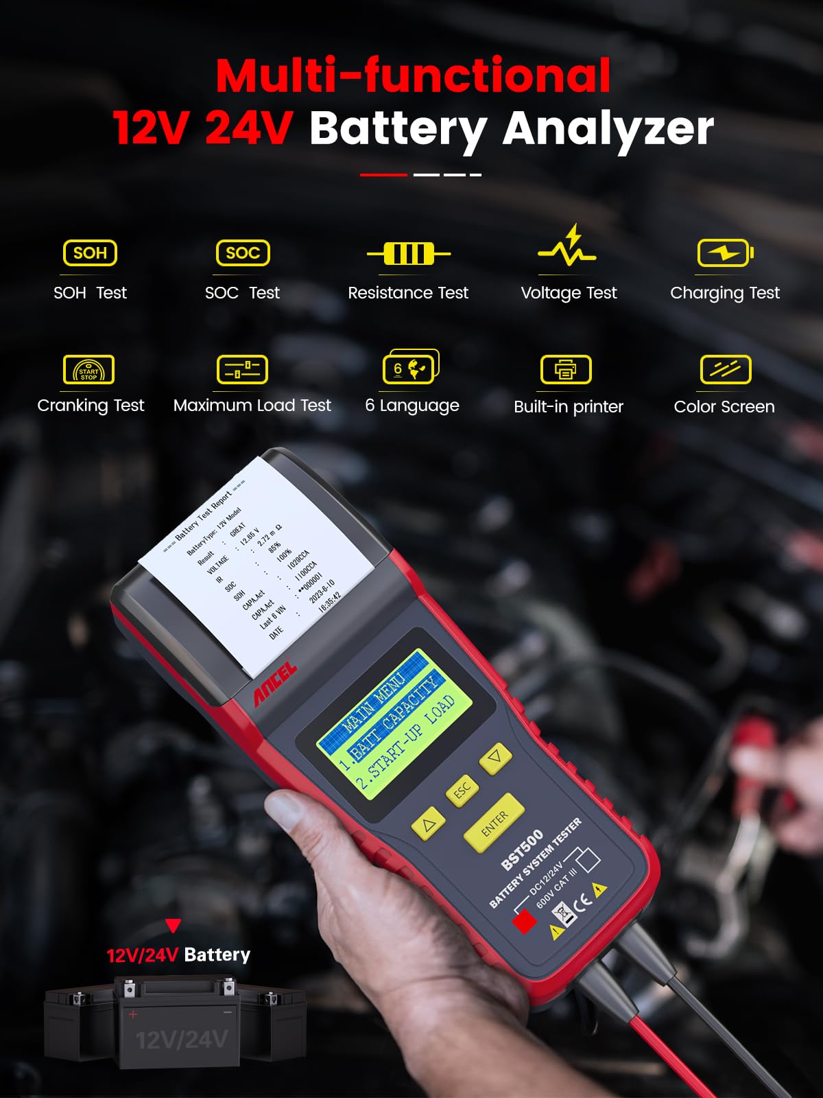 ANCEL BST500 12V 24V Car Battery Load Tester with Printer - 99% Accurate Automotive Battery Analyzer for Cranking & Charging System - Heavy Duty Battery Tester for Car, Truck, SUV, ATV, RV - Perfect for Mechanics & DIY Auto Maintenance
