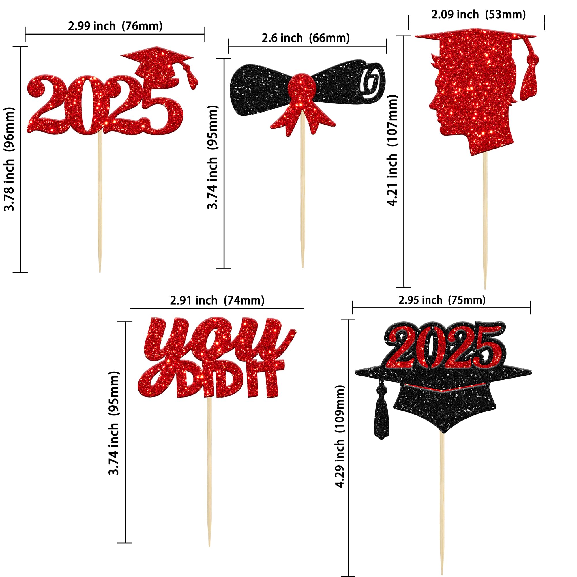 30Pcs Red Glitter Graduation Cupcake Toppers - Class of 2025 Diploma Cap Cake Decorations for Women & Girls | Perfect for 2025 Graduation Theme Party, Birthday Celebrations & School Events
