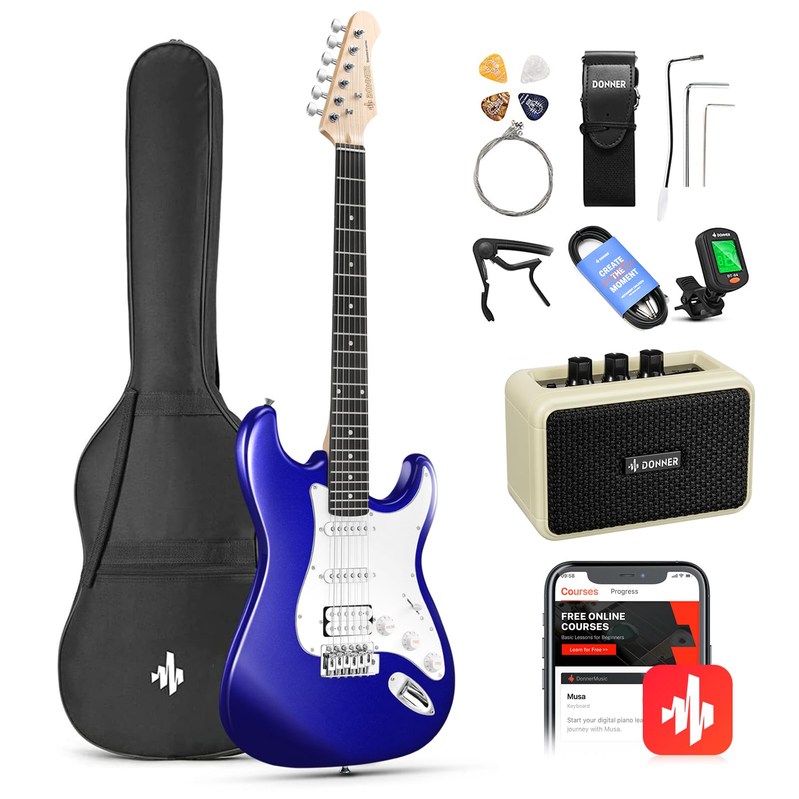 Donner 39-Inch Electric Guitar Kit with HSS Pickup - Purple Sapphire Blue Finish, Amp, Gig Bag, Tuner, Capo, Strap, Cable & Picks | Complete Starter Set for Beginners, Practice & Live Performances