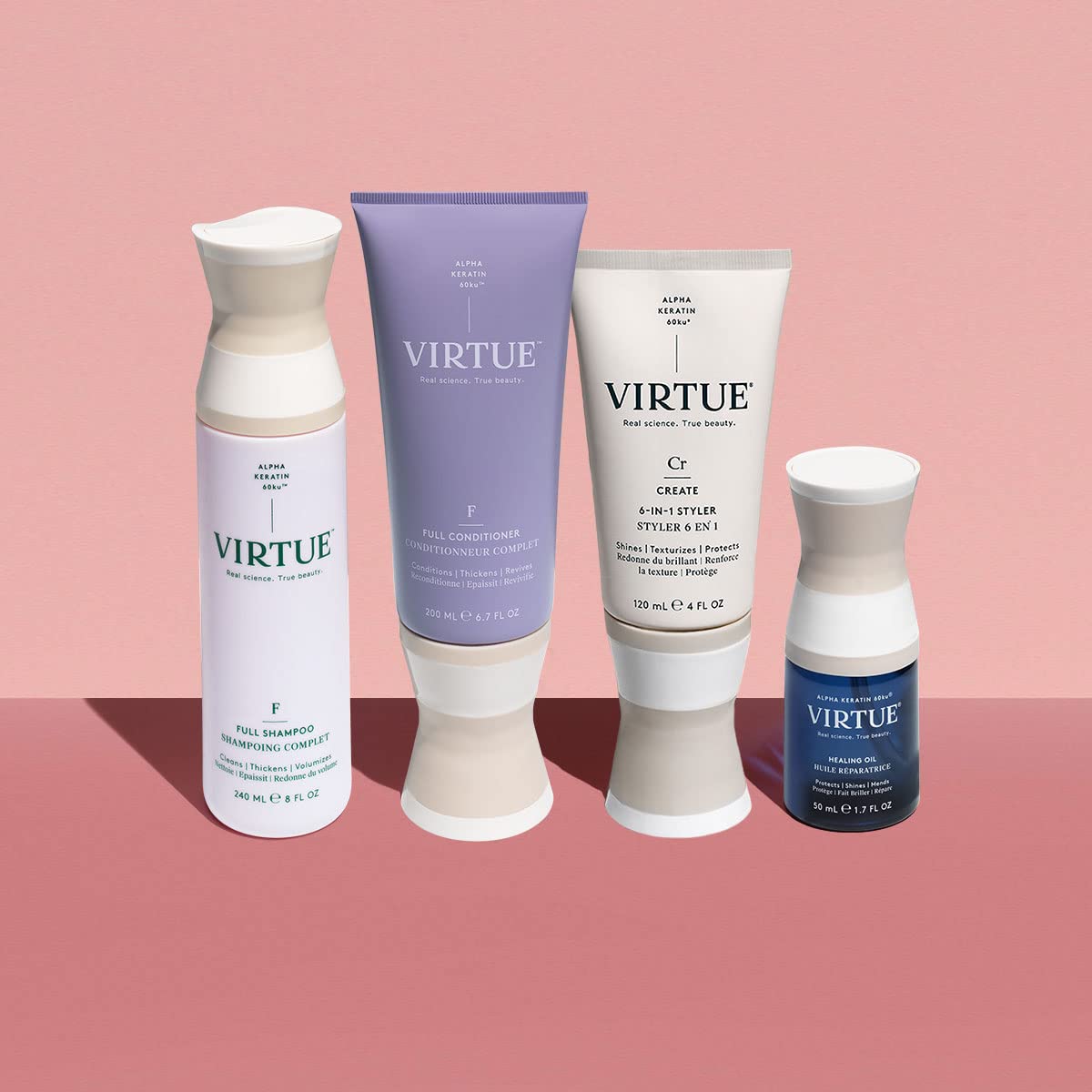 Virtue Hair Care Essentials - Sulfate Free Shampoo & Conditioner Set for Damaged Hair Repair, Volumizing Treatment with Healing Oil Serum & 6-in-1 Styler - Perfect for Dry, Frizzy Hair Care & Salon-Quality Styling at Home